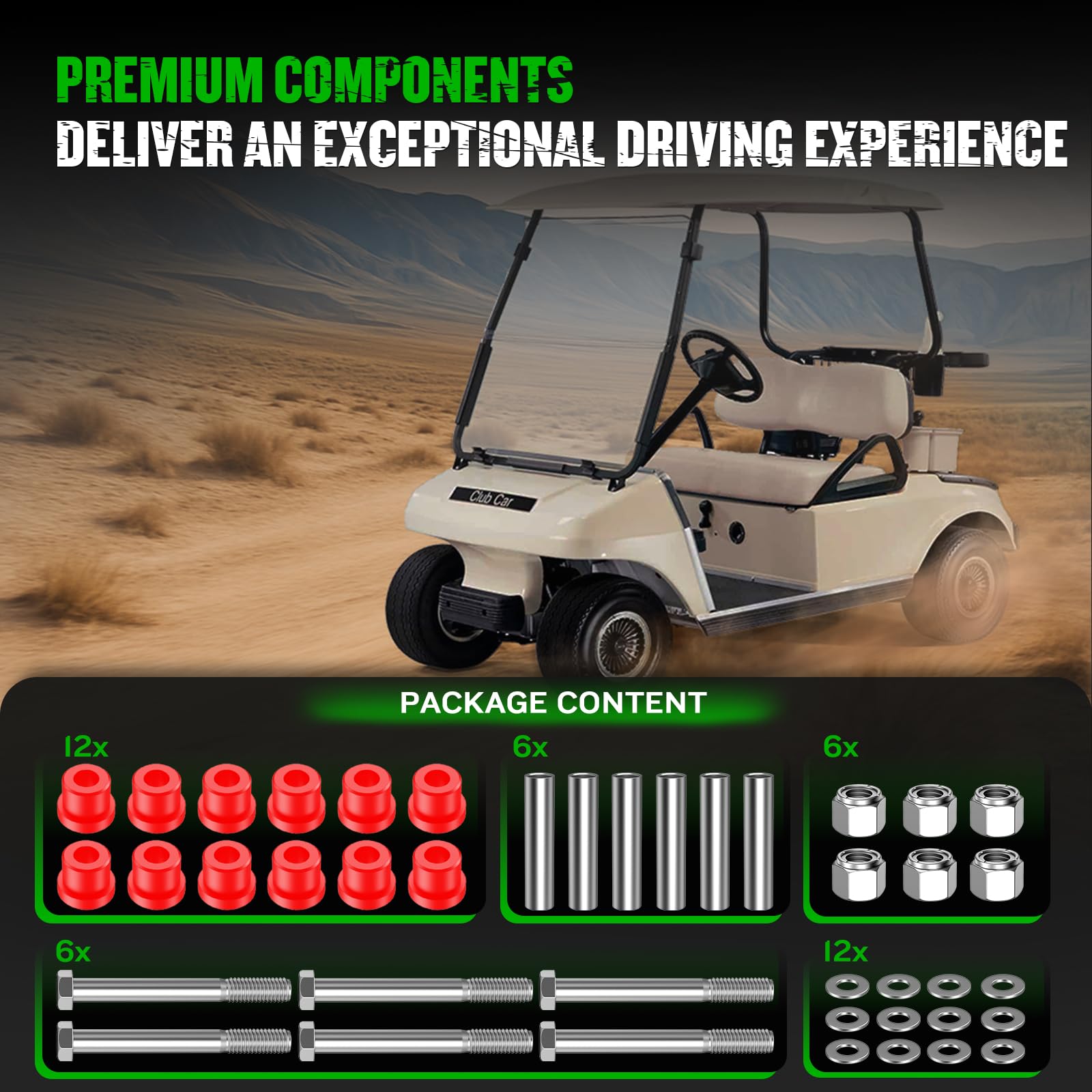 MUMPPRCE suspension in use on golf cart rear showing reduced noise and improved ride