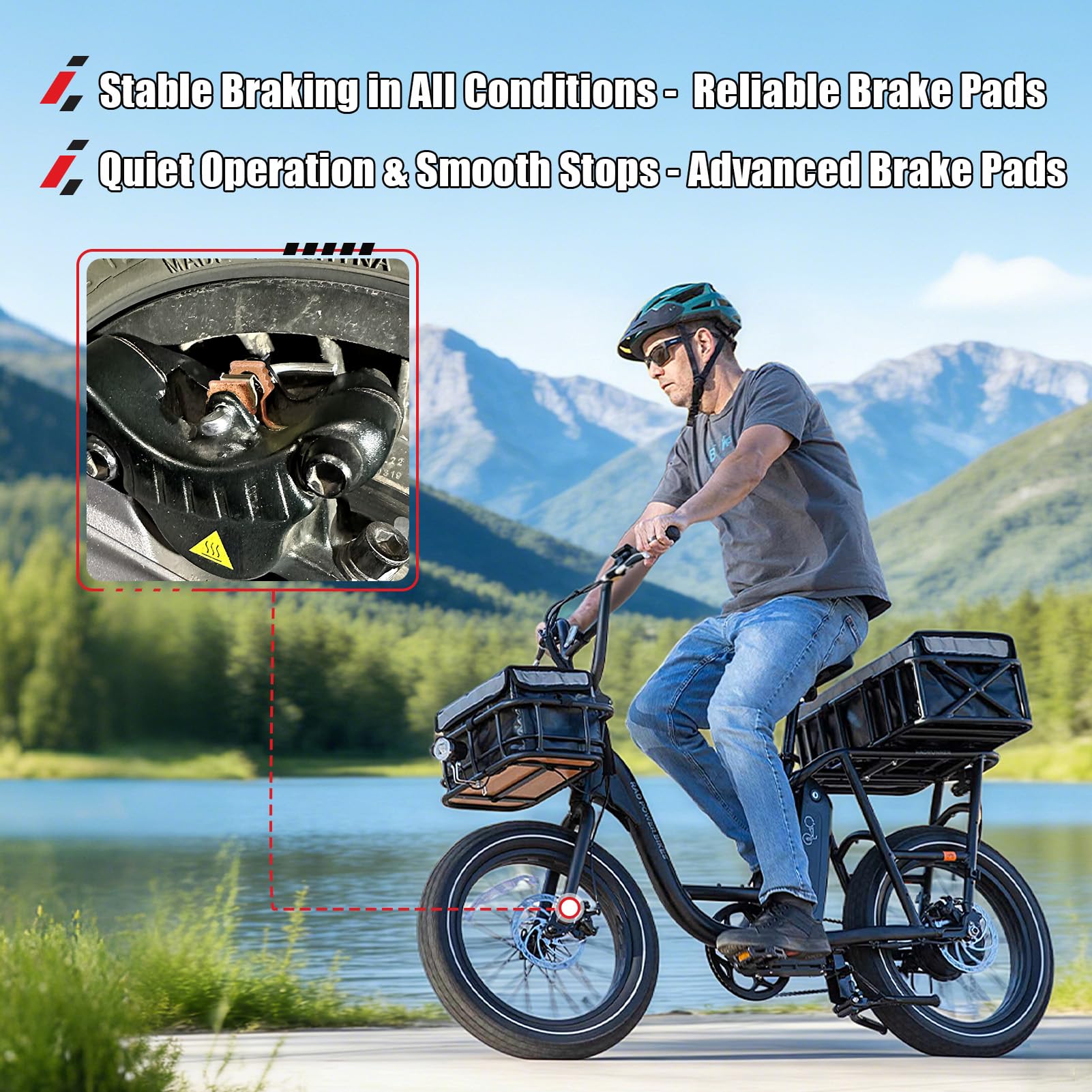 MurDvll brake pads installed on a RadRover front wheel demonstrating straightforward fit and safety