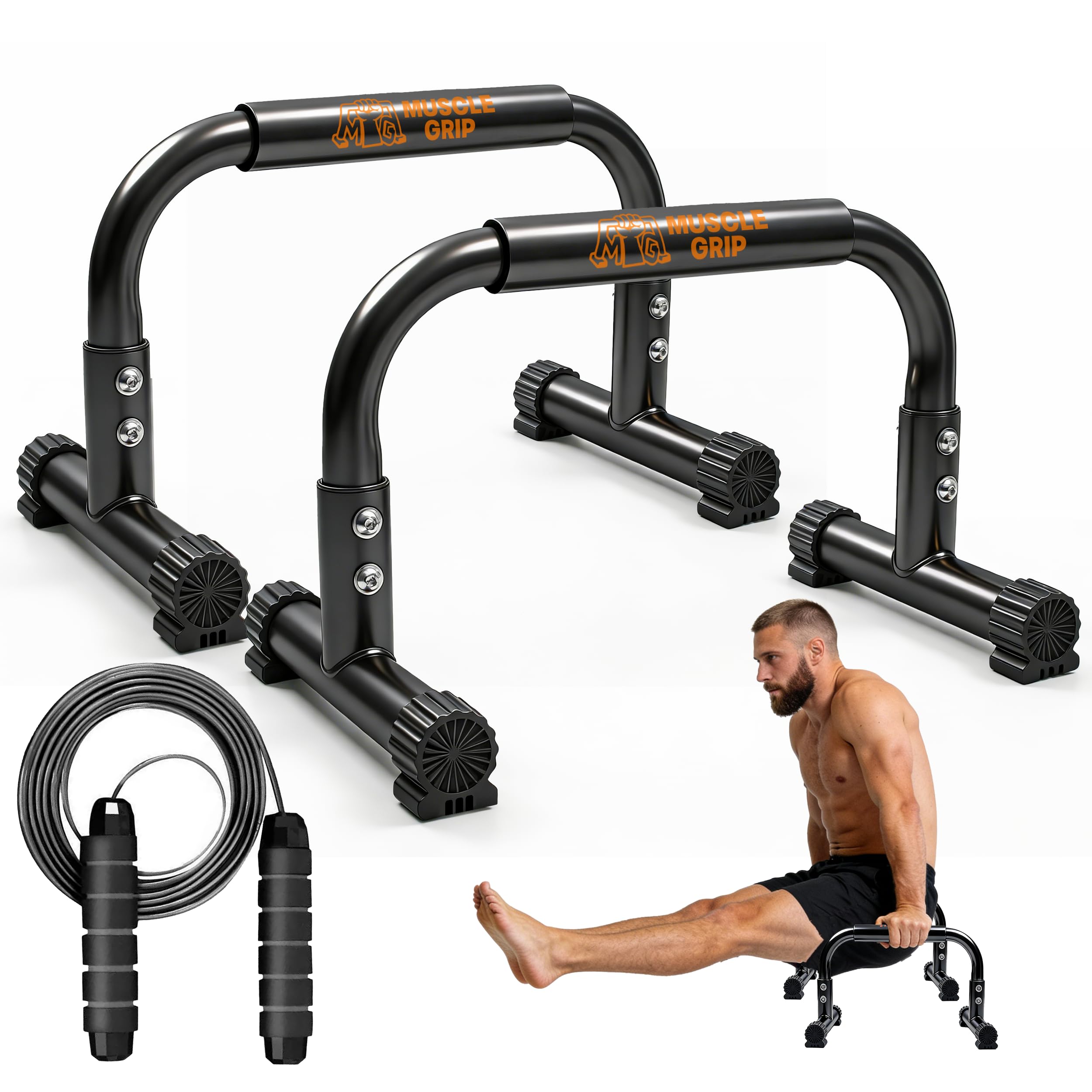 Muscle Grip front view of parallettes showing sturdy frame and compact design benefit