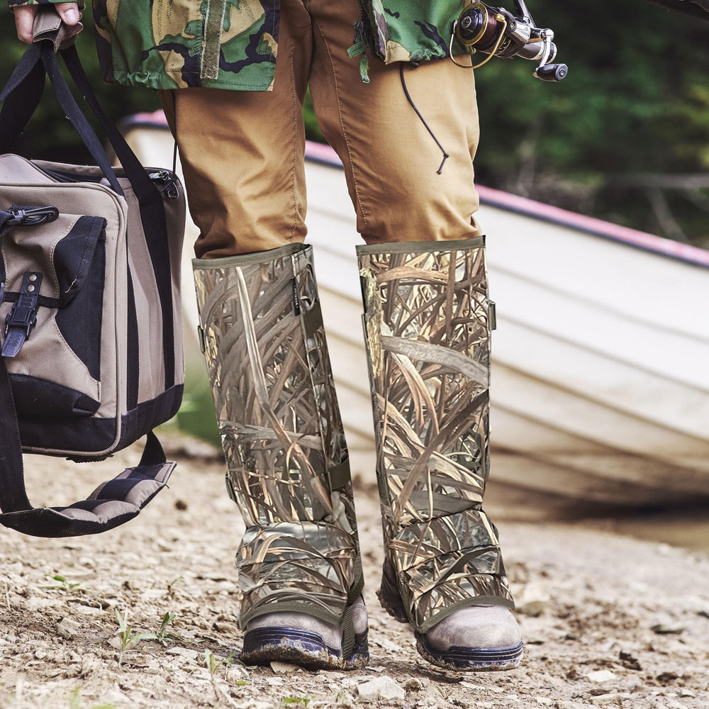 MYDAYS OUTDOOR gaiter next to boot showing scale and full lower-leg coverage