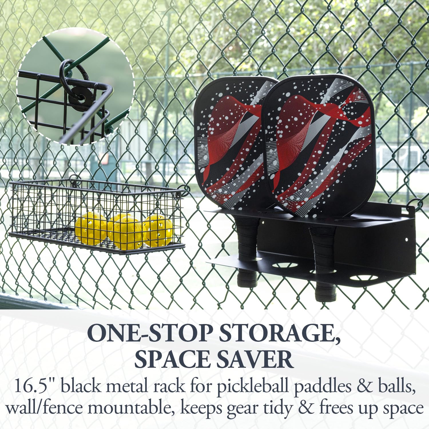 MyGift hanging on court fence for easy transport and outdoor use