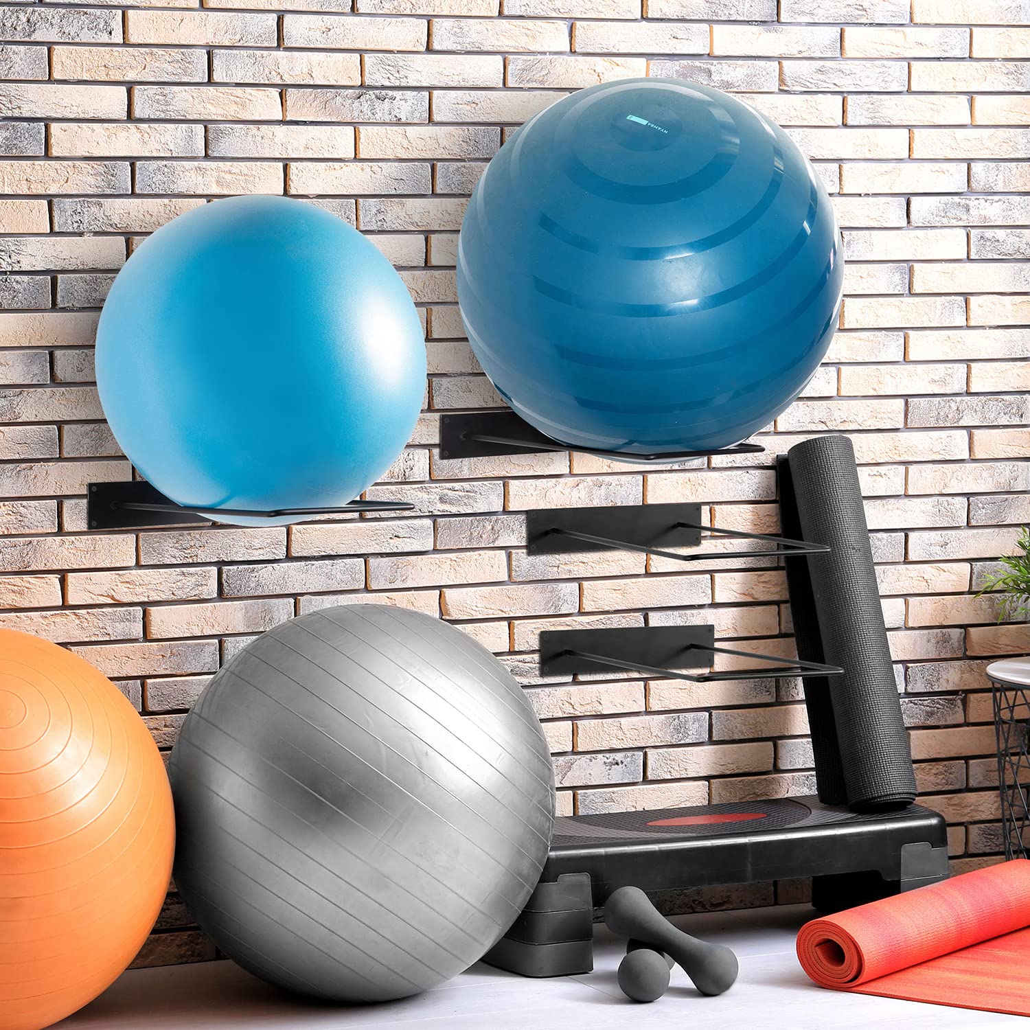 MyGift racks installed holding exercise balls demonstrating quick access and neat organization benefit