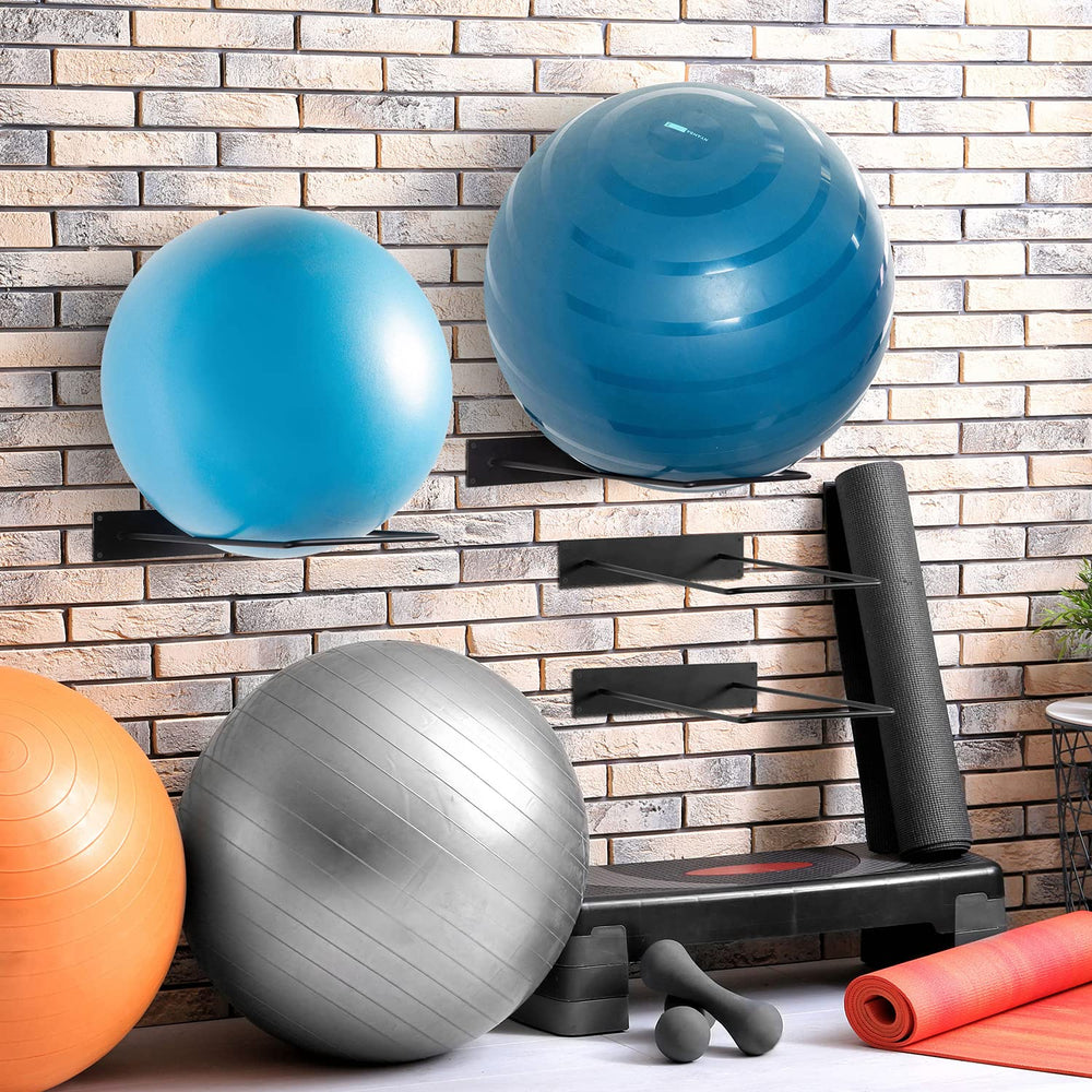 MyGift racks installed holding exercise balls demonstrating quick access and neat organization benefit