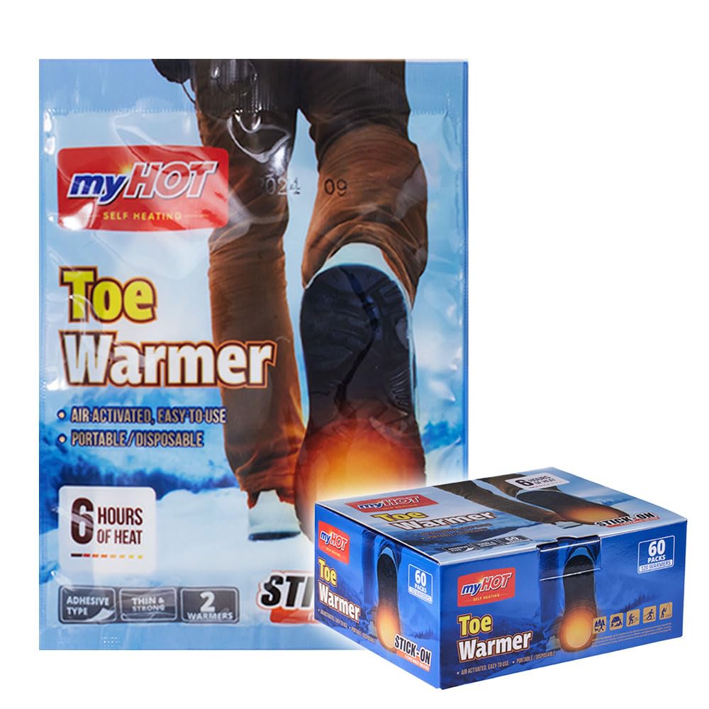 myHOT toe warmers front packaging showing compact, travel-ready design