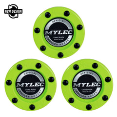 Mylec three-pack front view showing green PVC pucks and durable design benefit