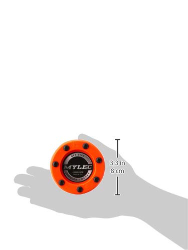 Mylec puck next to a hand for scale showing compact size and 110g training weight