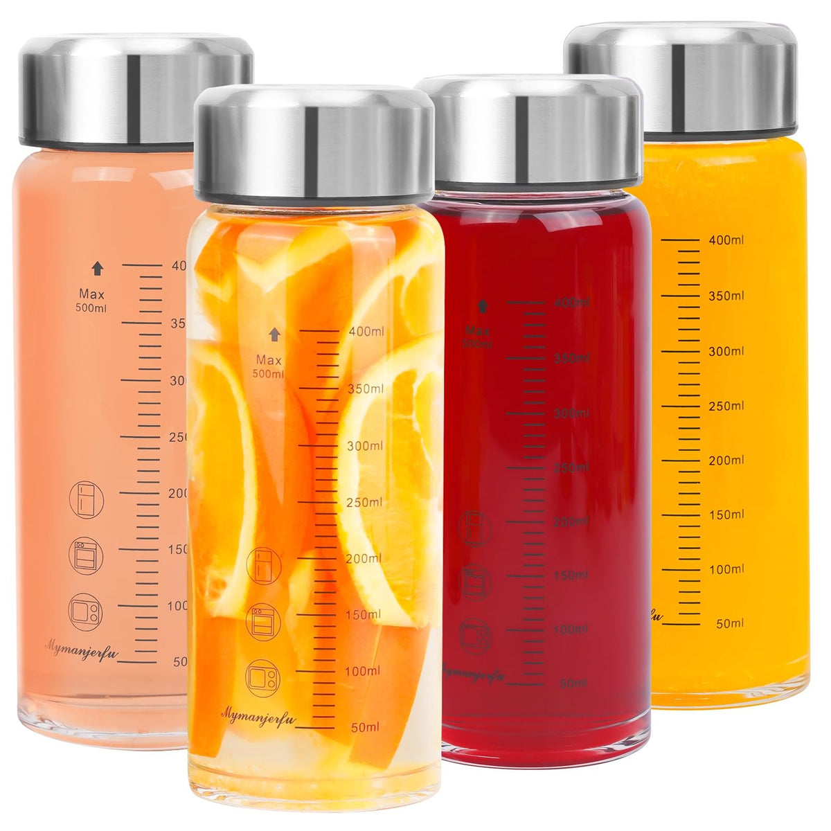 Mymanjerfu front view of four glass bottles showing labels and lids, durable storage benefit