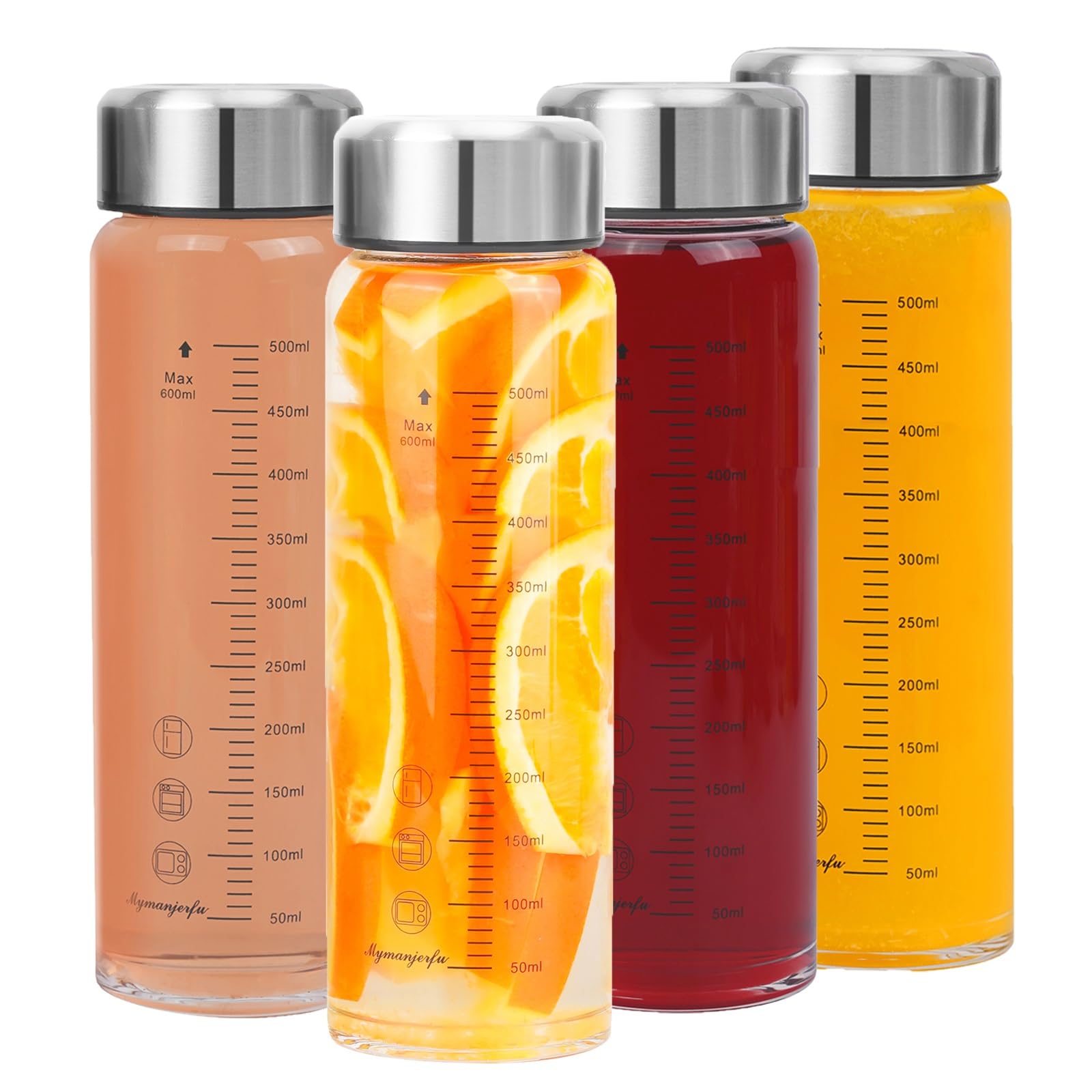 Mymanjerfu front view of four 20 oz bottles showing lids and clear glass benefit: organized storage
