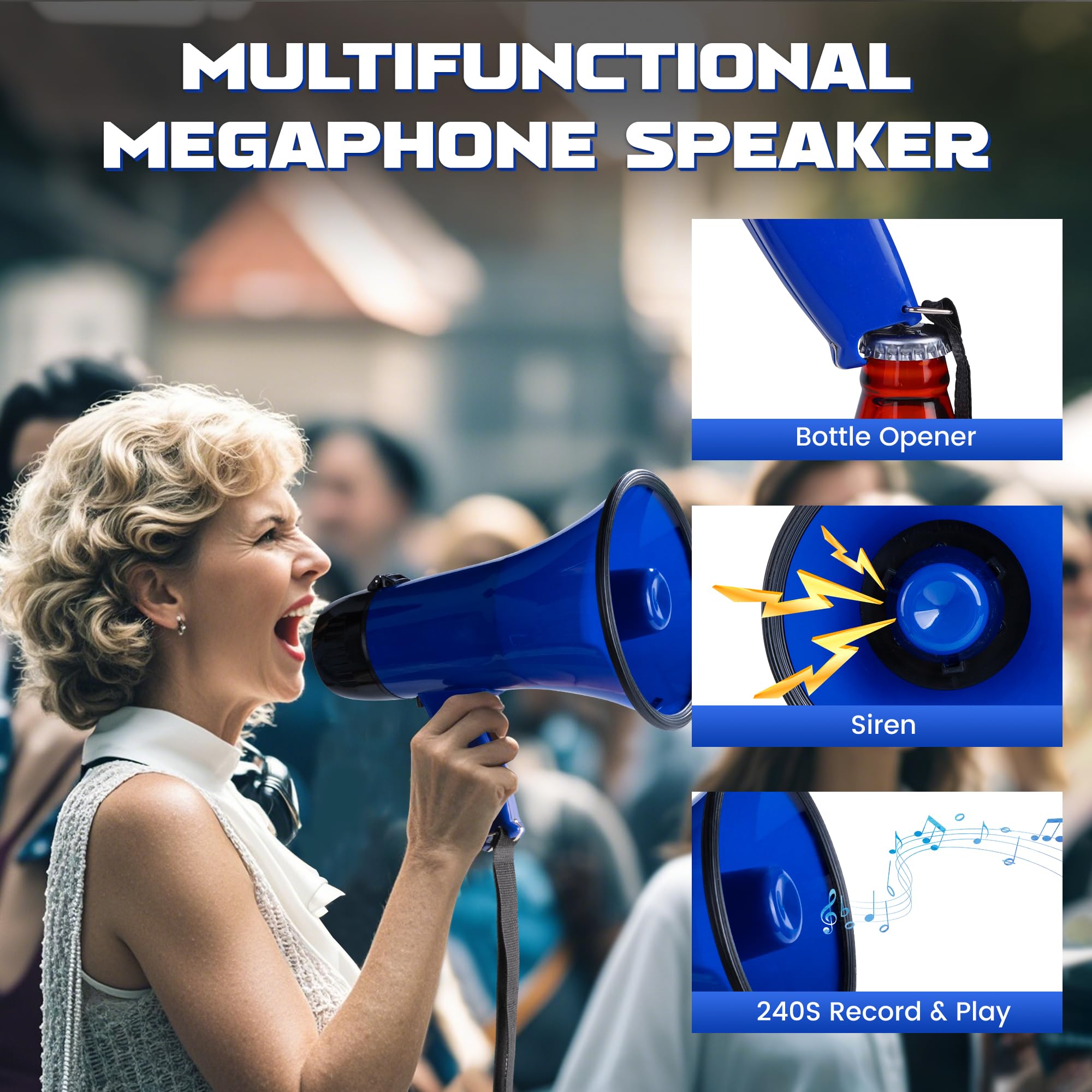 MyMealivos bullhorn control panel showing volume, record and siren buttons for quick use