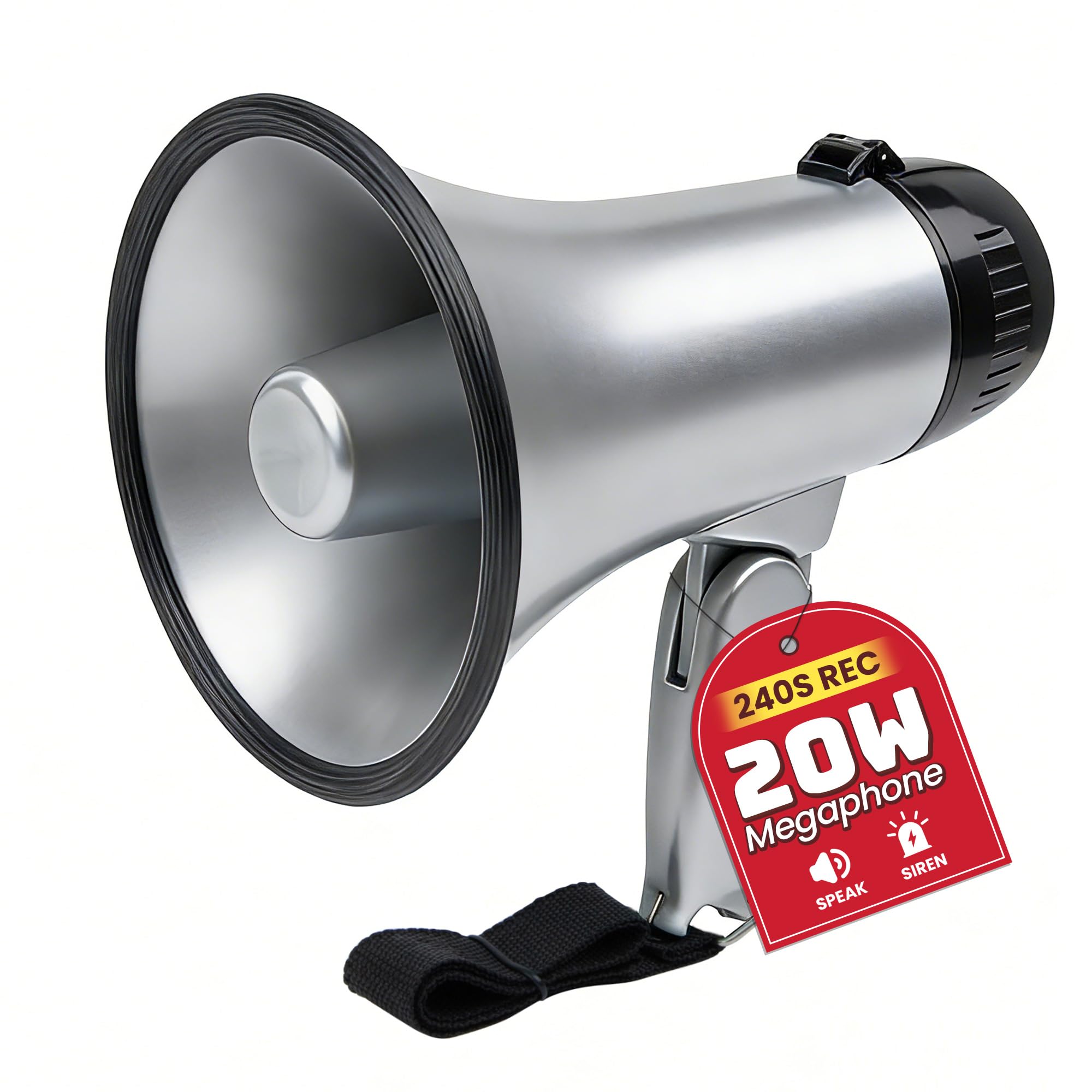 MyMealivos silver megaphone front view showing horn and clarity benefit