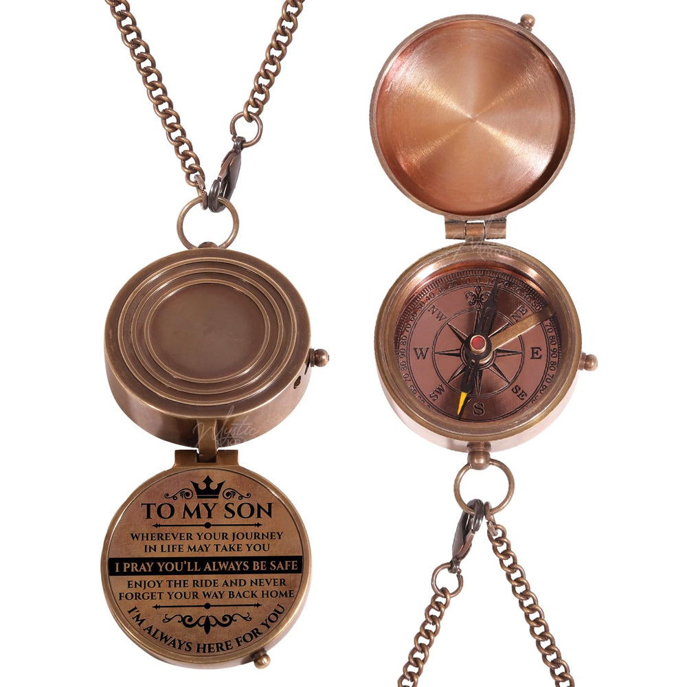 MYSTICKRAFT compass with chain and belt loop enabling secure attachment while traveling