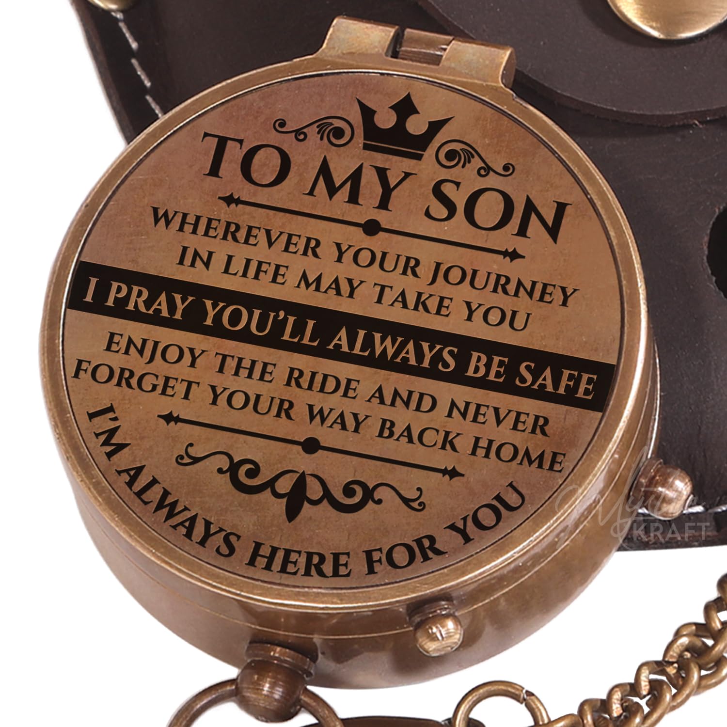 MYSTICKRAFT engraved compass front view showing elegant brass finish and keepsake quality
