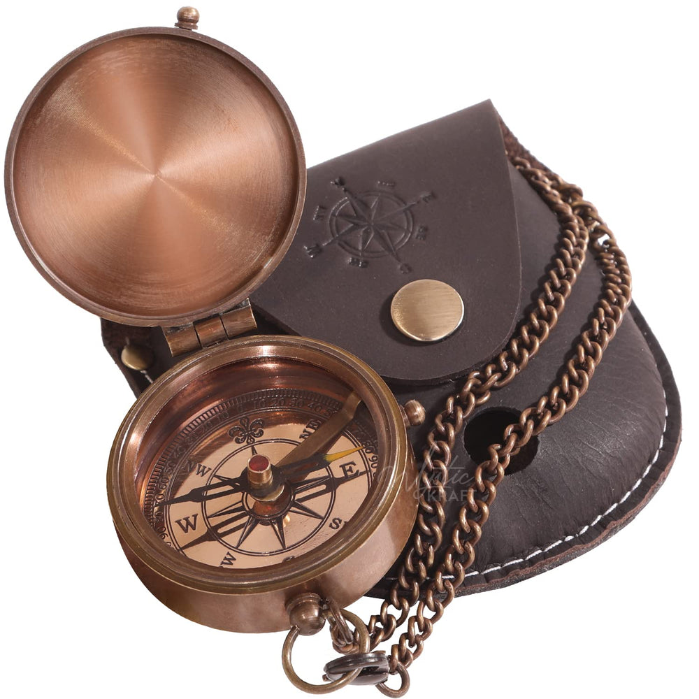 MYSTICKRAFT compass resting in handmade leather case for safe everyday carrying