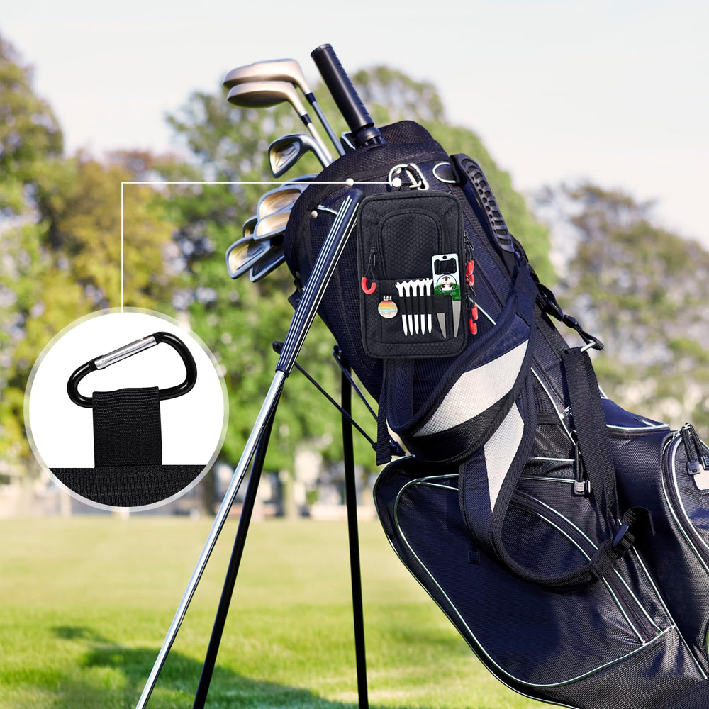mytag carabiner clip attached to a golf bag for hands-free carry benefit