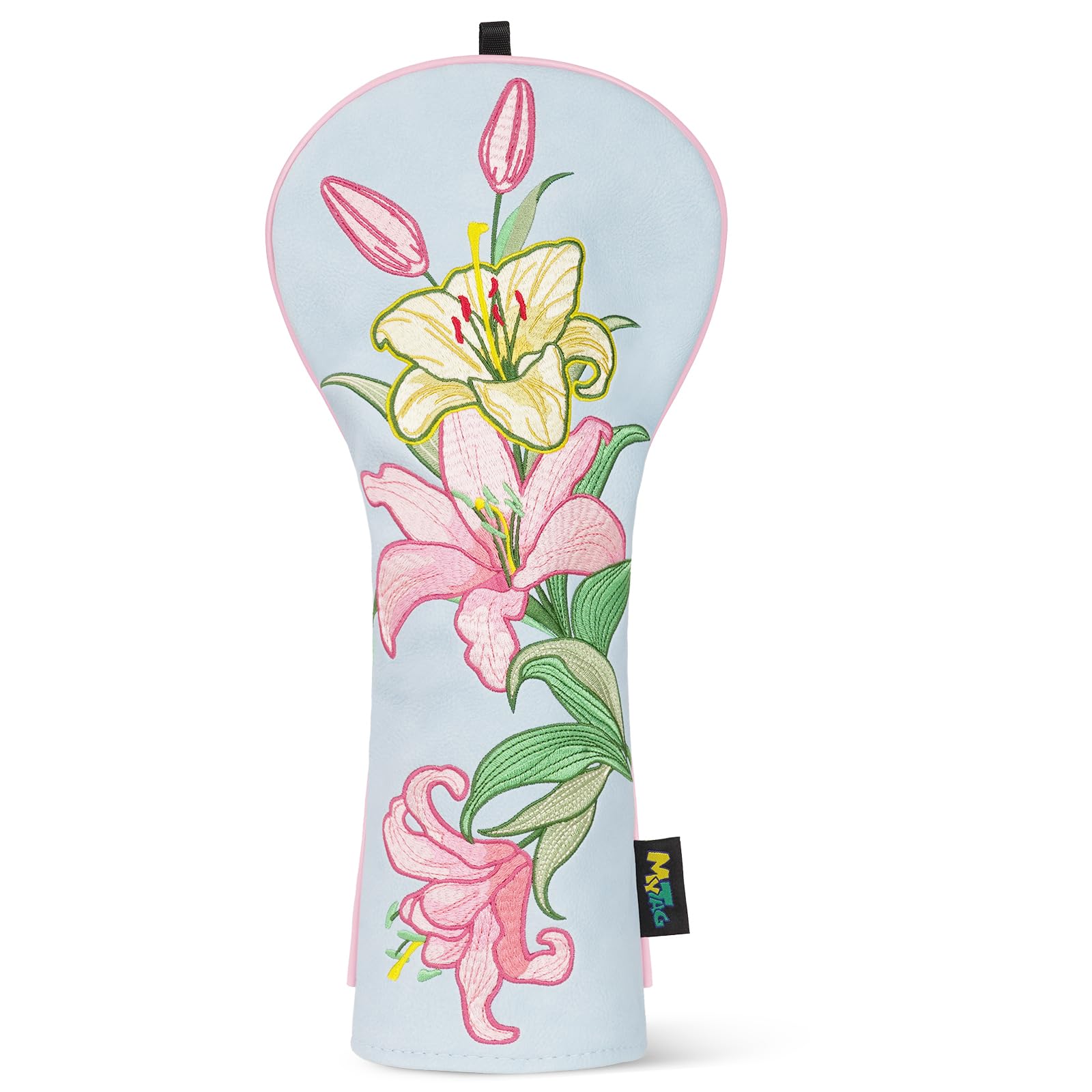 mytag front view of lily headcover showing floral design and snug fit