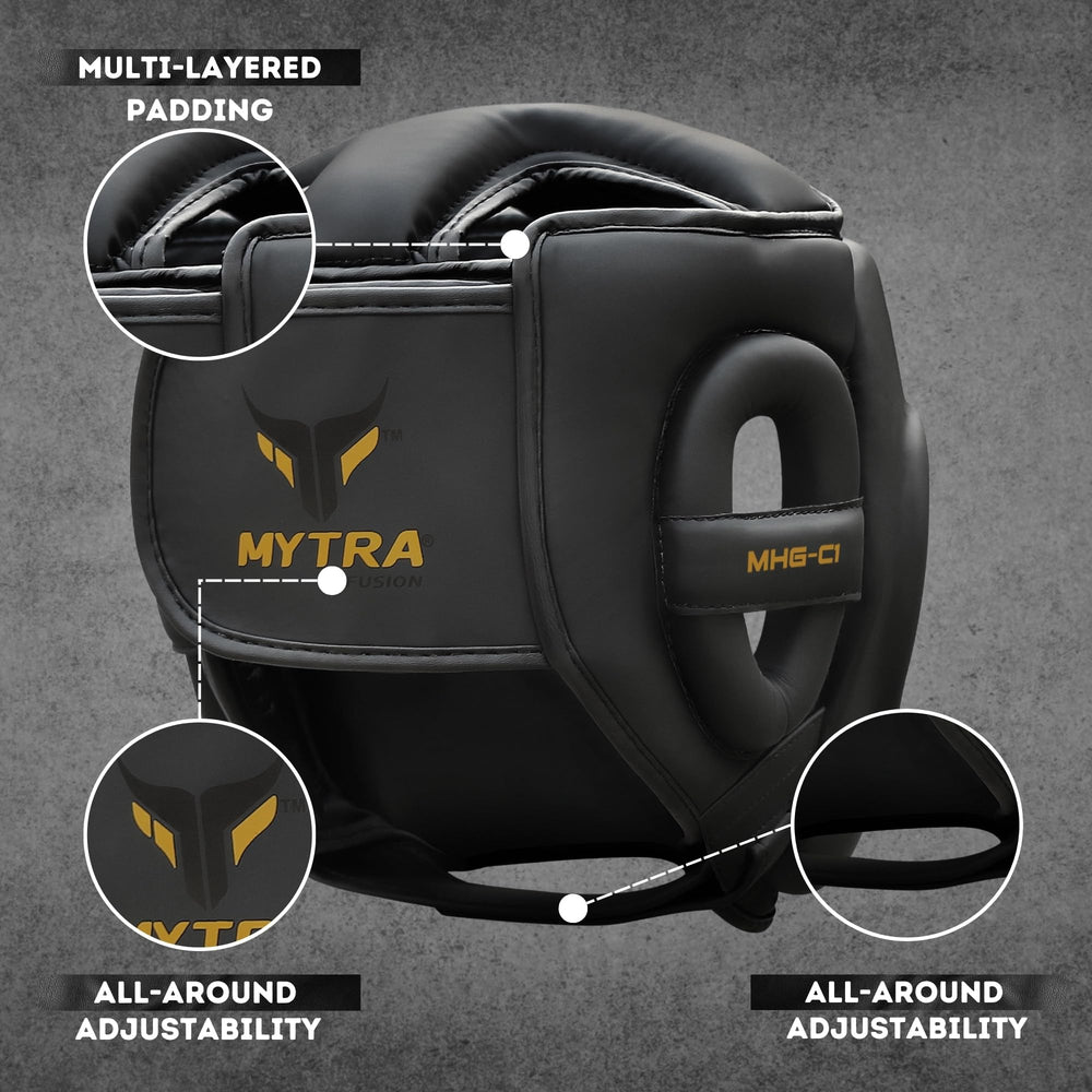 Mytra Fusion headgear worn in gym during sparring demonstrating reliable protection