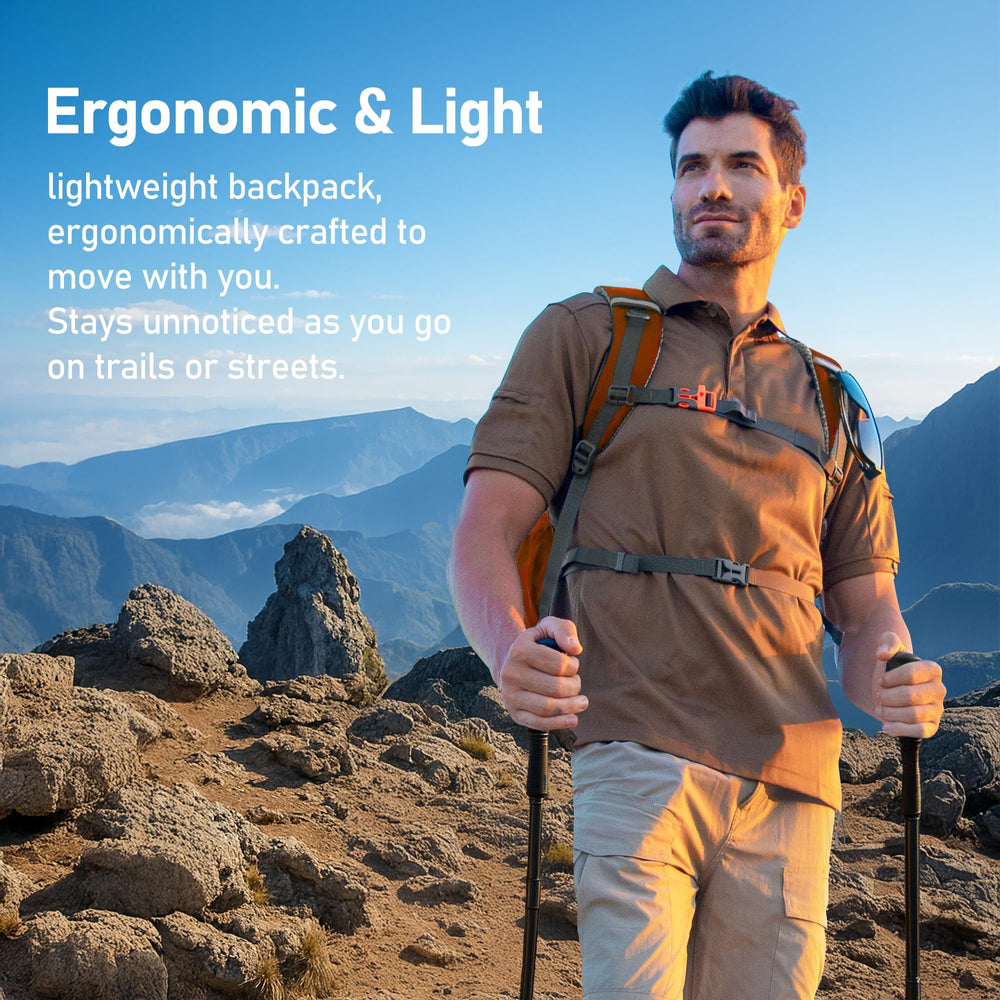 N NEVO RHINO backpack in use on a trail showing lightweight, daypack convenience