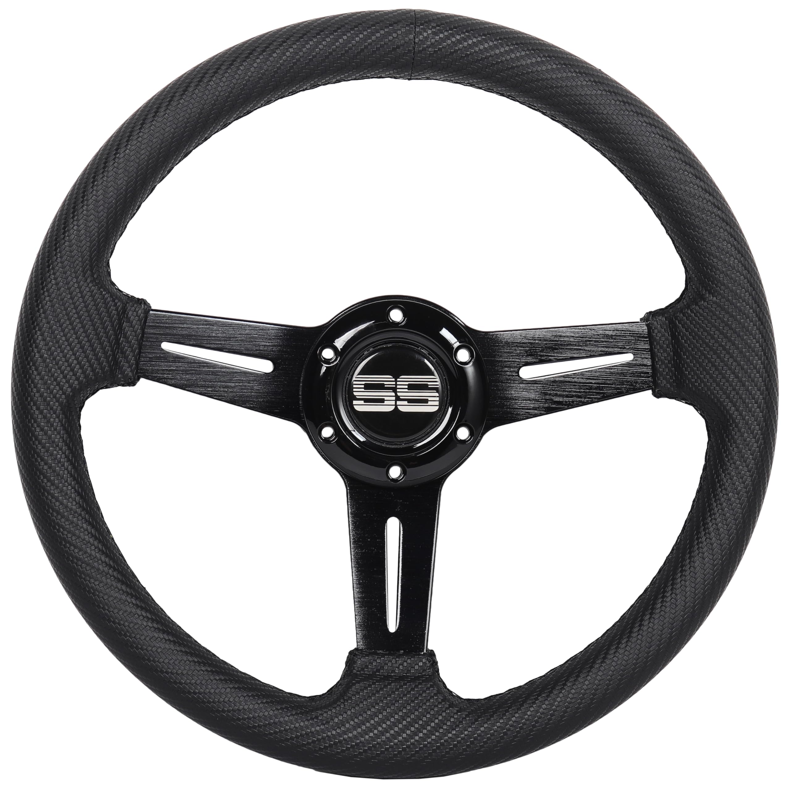 N2MU steering wheel front view showing clean black finish and ergonomic shape for comfortable control