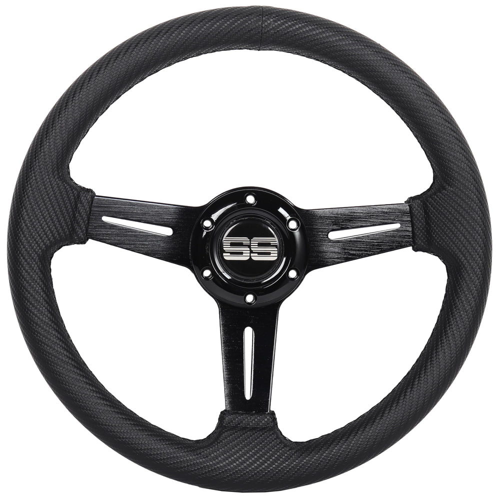 N2MU steering wheel front view showing clean black finish and ergonomic shape for comfortable control