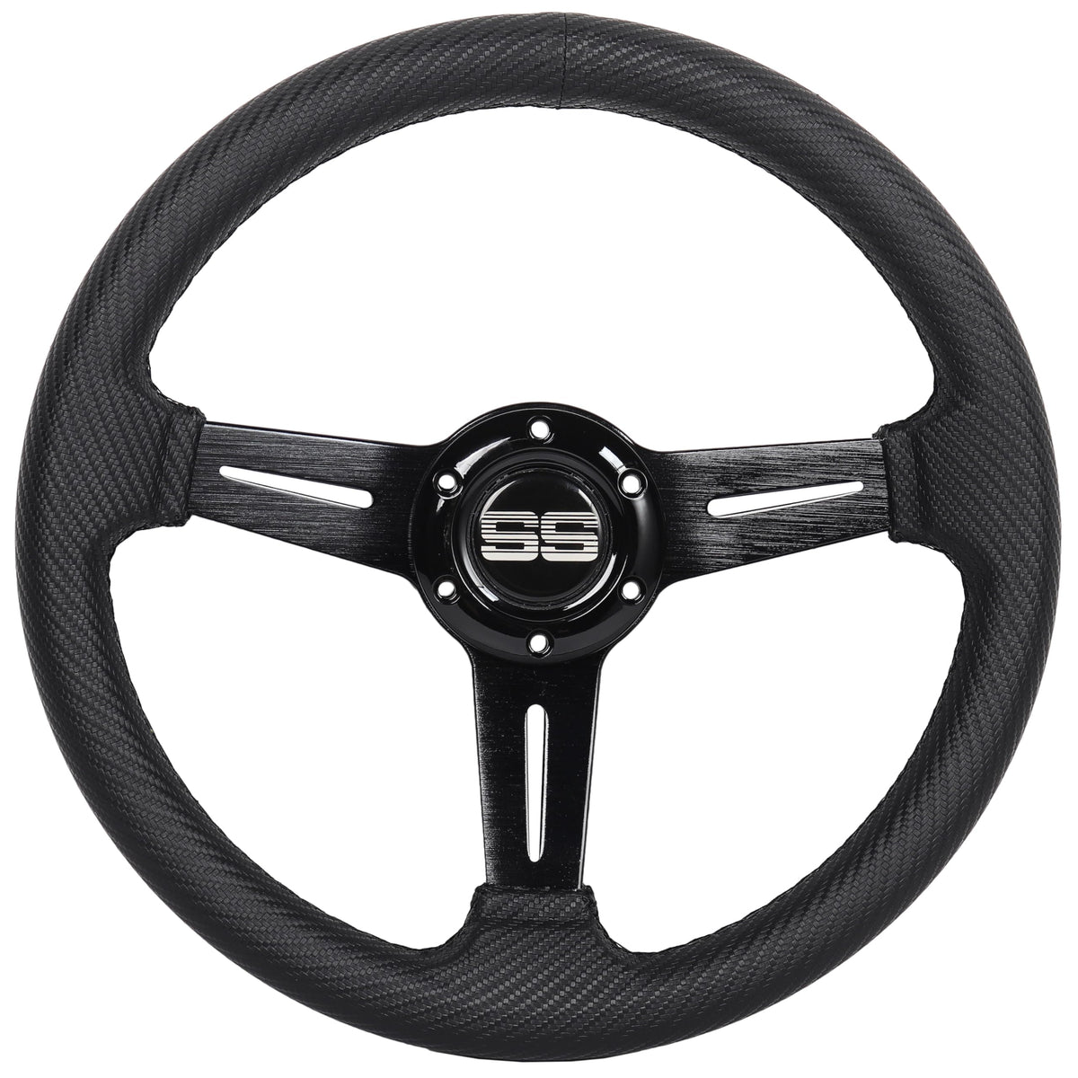 N2MU steering wheel front view showing clean black finish and ergonomic shape for comfortable control