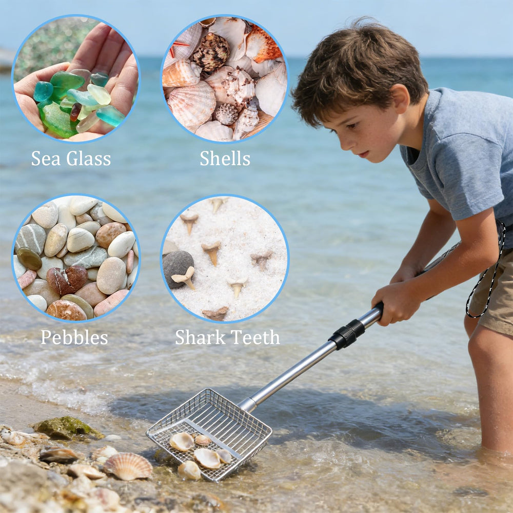 Nafhone family using sifters on beach for shared treasure hunting fun