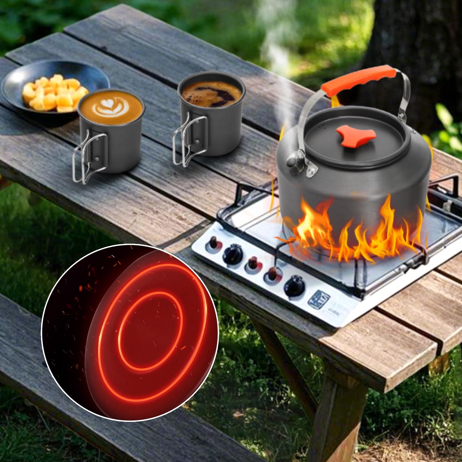 Nagpew kettle and cups at campsite morning showing beverage readiness outdoors