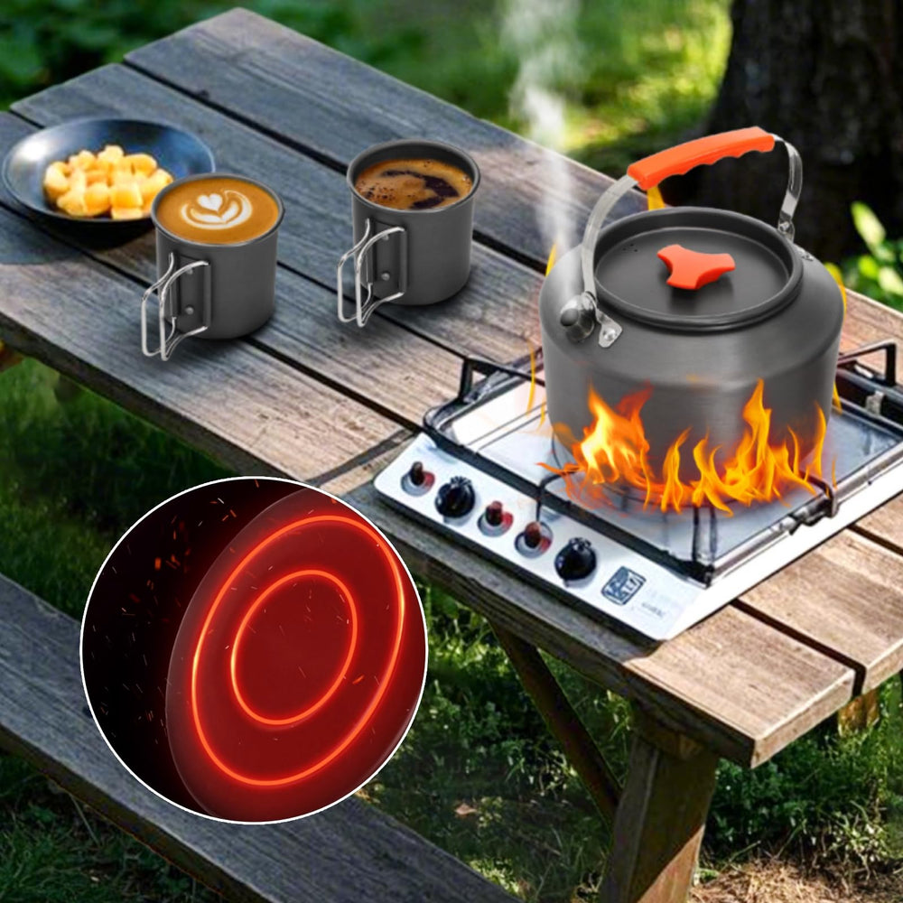 Nagpew kettle and cups at campsite morning showing beverage readiness outdoors