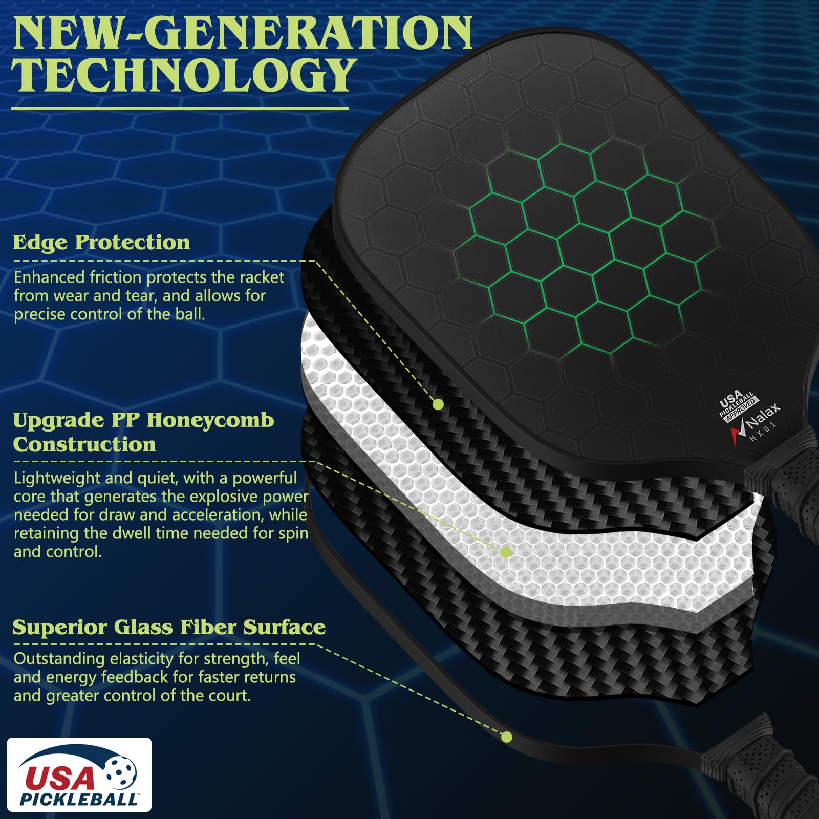 Nalax fiberglass face close-up highlighting textured surface for responsive hits