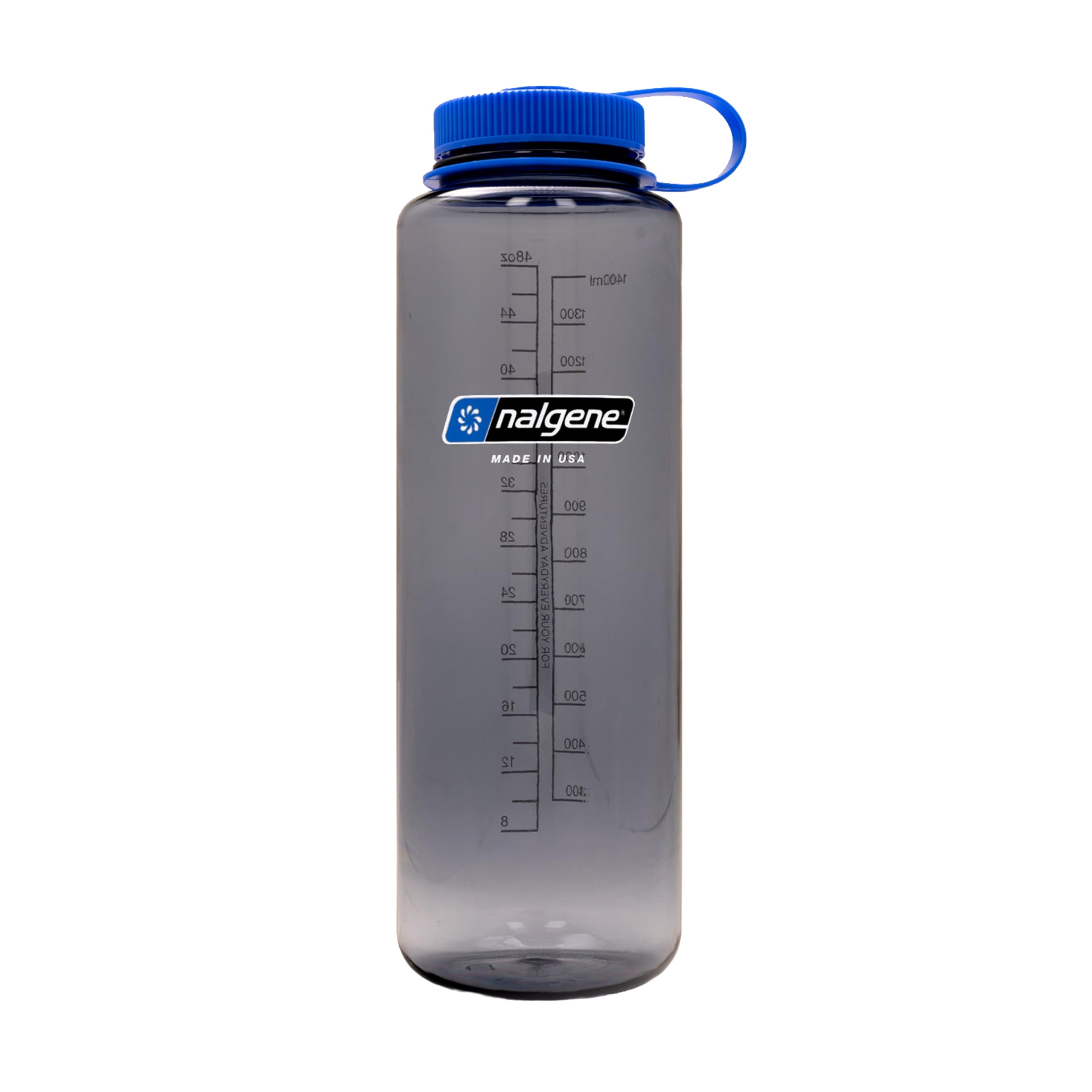 Nalgene 48 oz silo front view showing durable grey bottle and capacity benefit