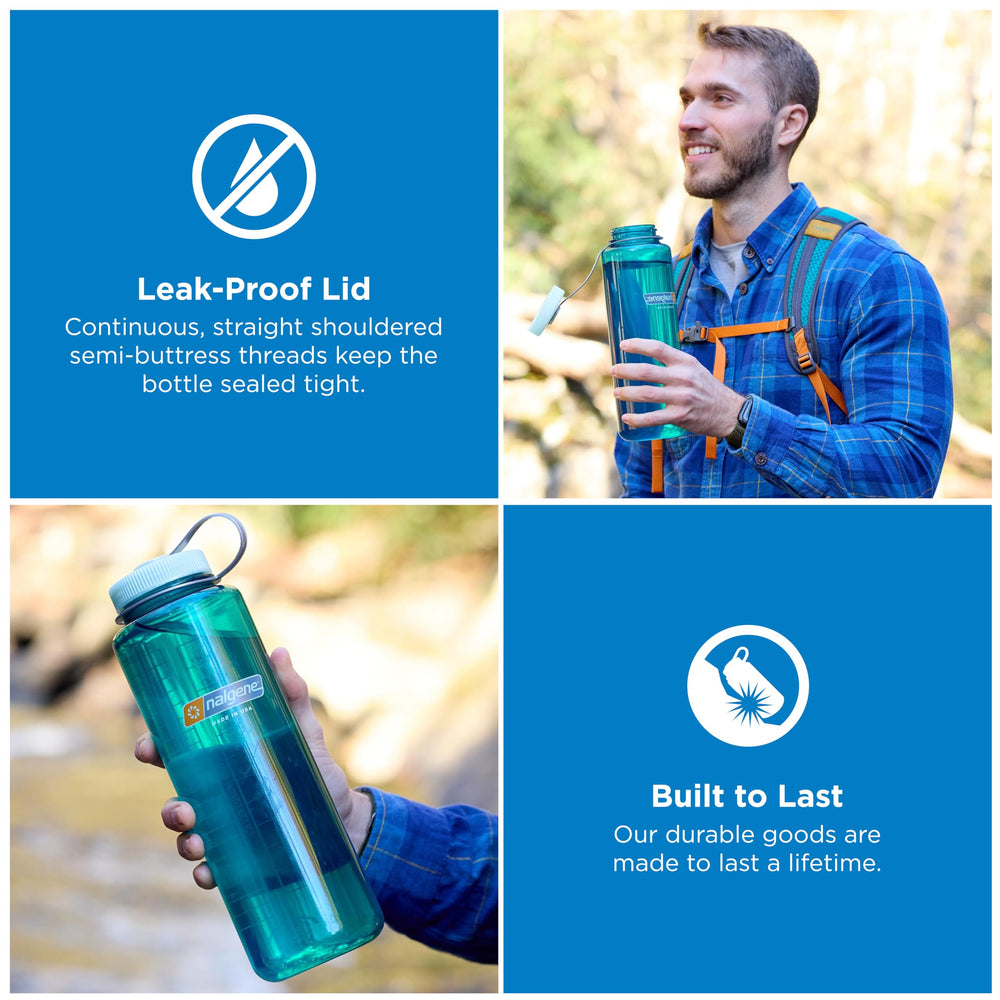 Nalgene lid thread detail showing leak-proof screw top for spill prevention