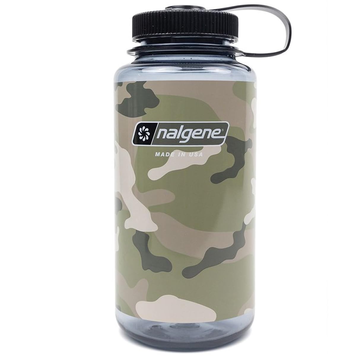 Nalgene camo gray front view showing wide mouth and durable design for reliable hydration