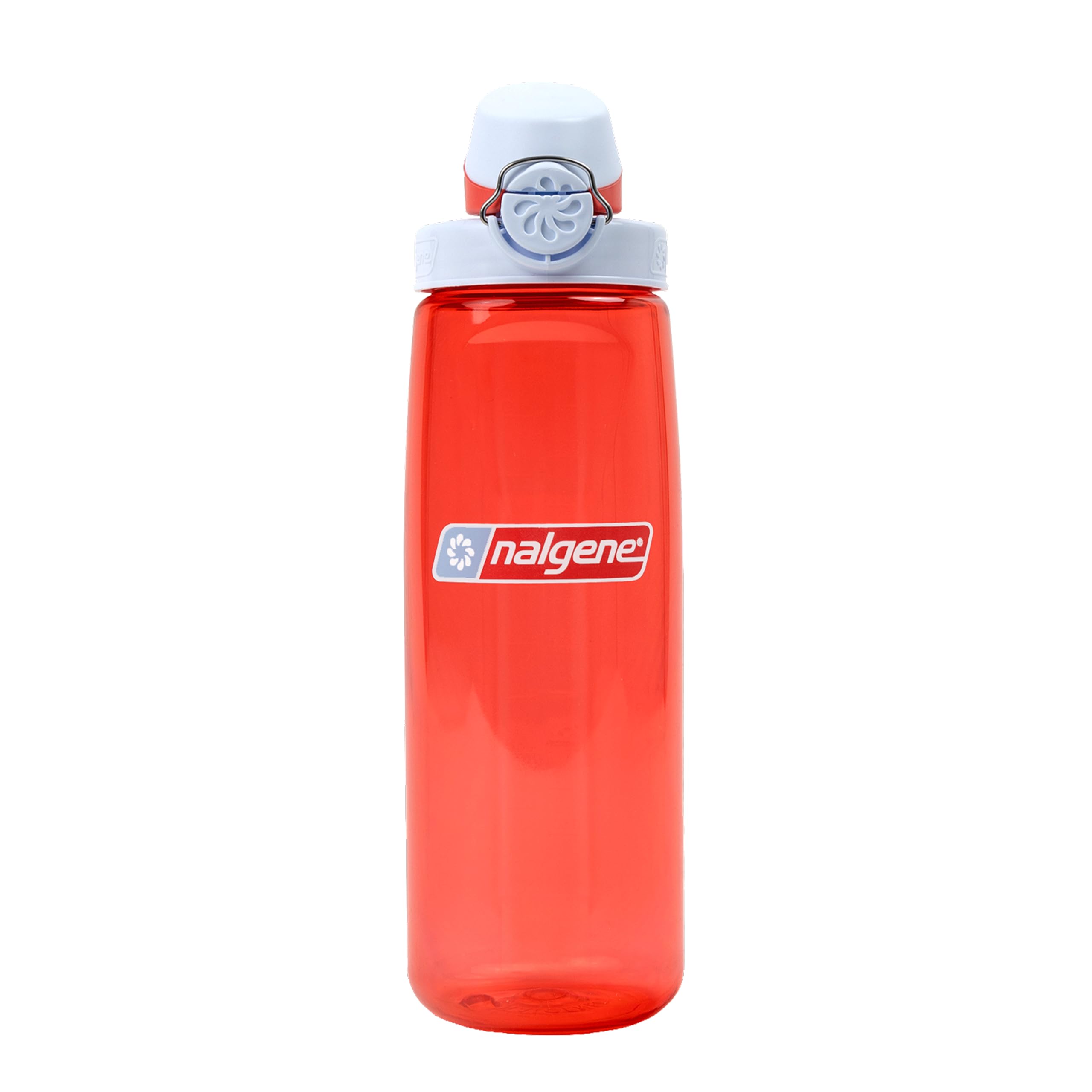 Nalgene coral bottle front view showing slim profile and frosted finish for easy carrying