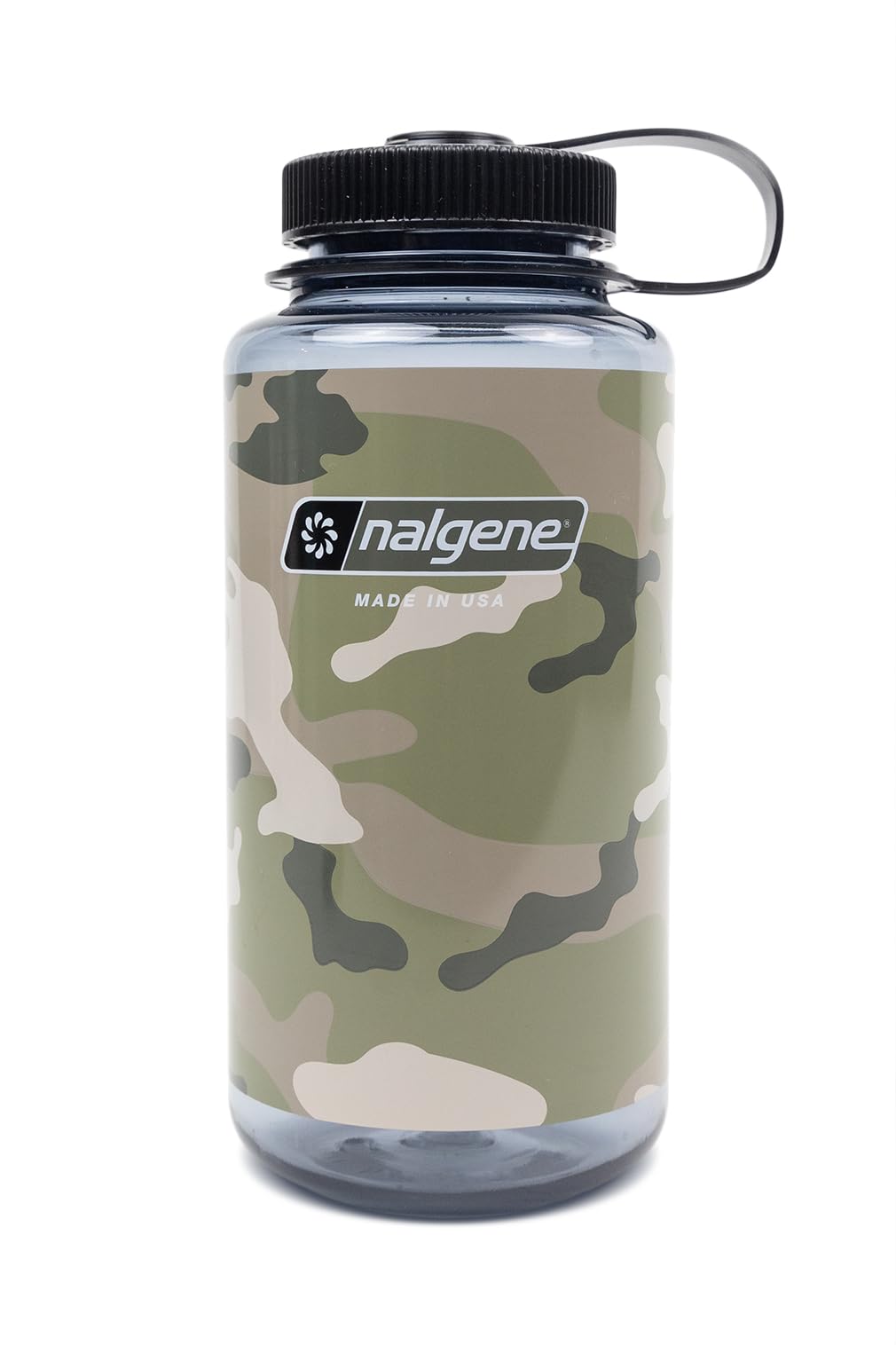 Nalgene bottle front view showing clear body and camo gray black design for durable hydration