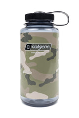 Nalgene bottle front view showing clear body and camo gray black design for durable hydration