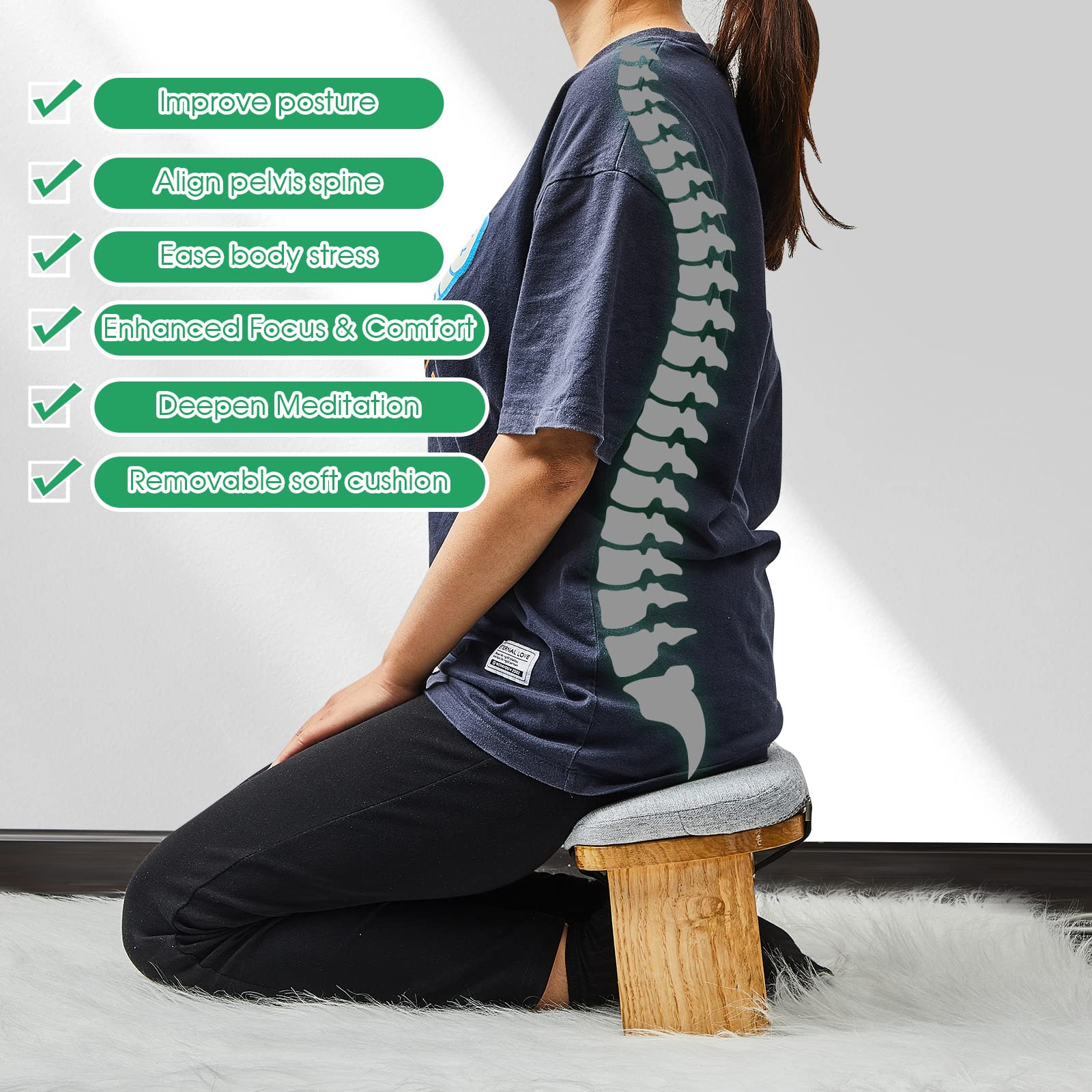 Namalu side angle showing seat tilt that improves posture and reduces knee pressure benefit alignment