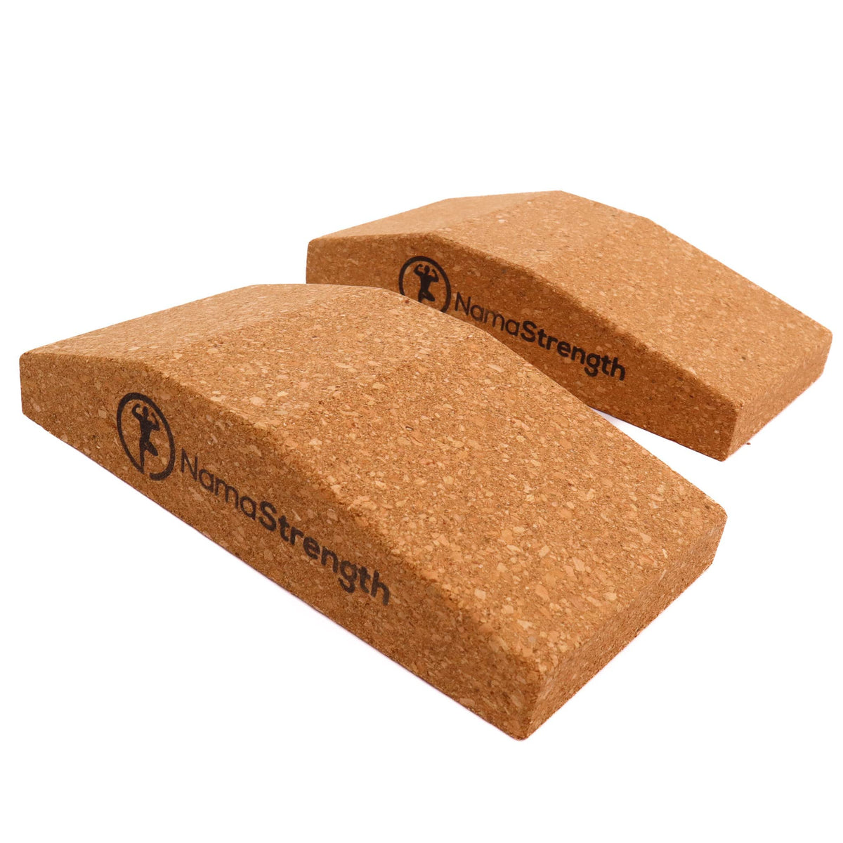 NamaStrength front view of two cork wedges showing packaging and benefits