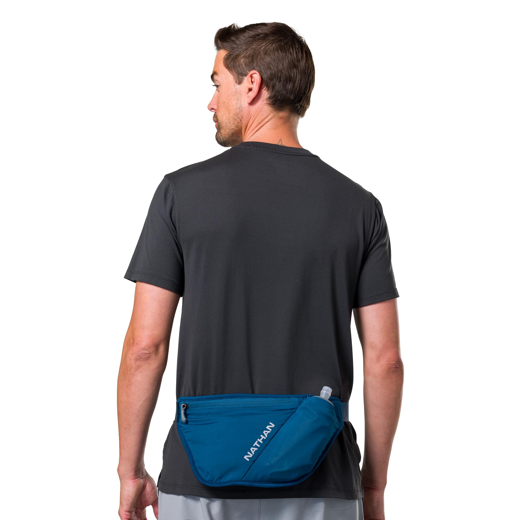 Nathan belt angled flask holder detail emphasizing easy access benefit