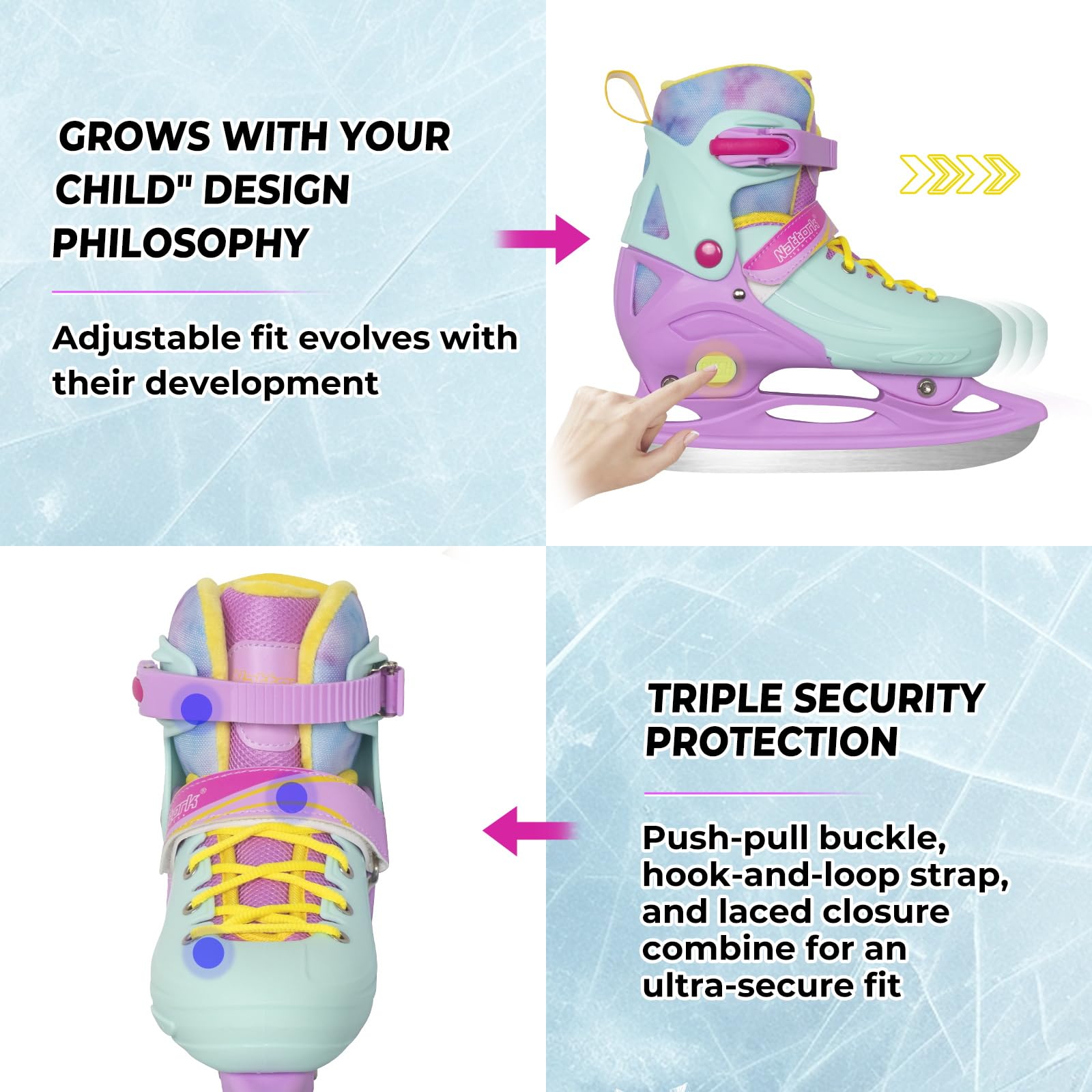 Nattork micro-adjustment gears displayed, grow-with-me sizing convenience