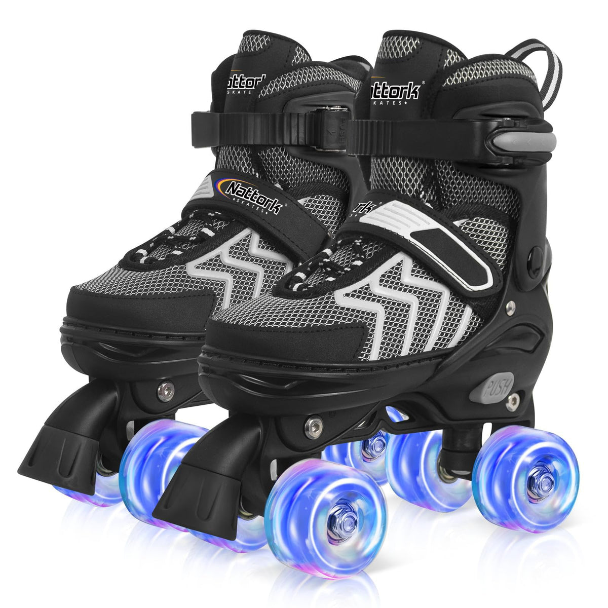 nattork front profile roller skates showing sleek black shell and wheels, promotes stability