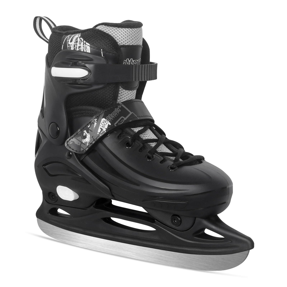 Nattork front view of black adjustable skates showing fit and stability