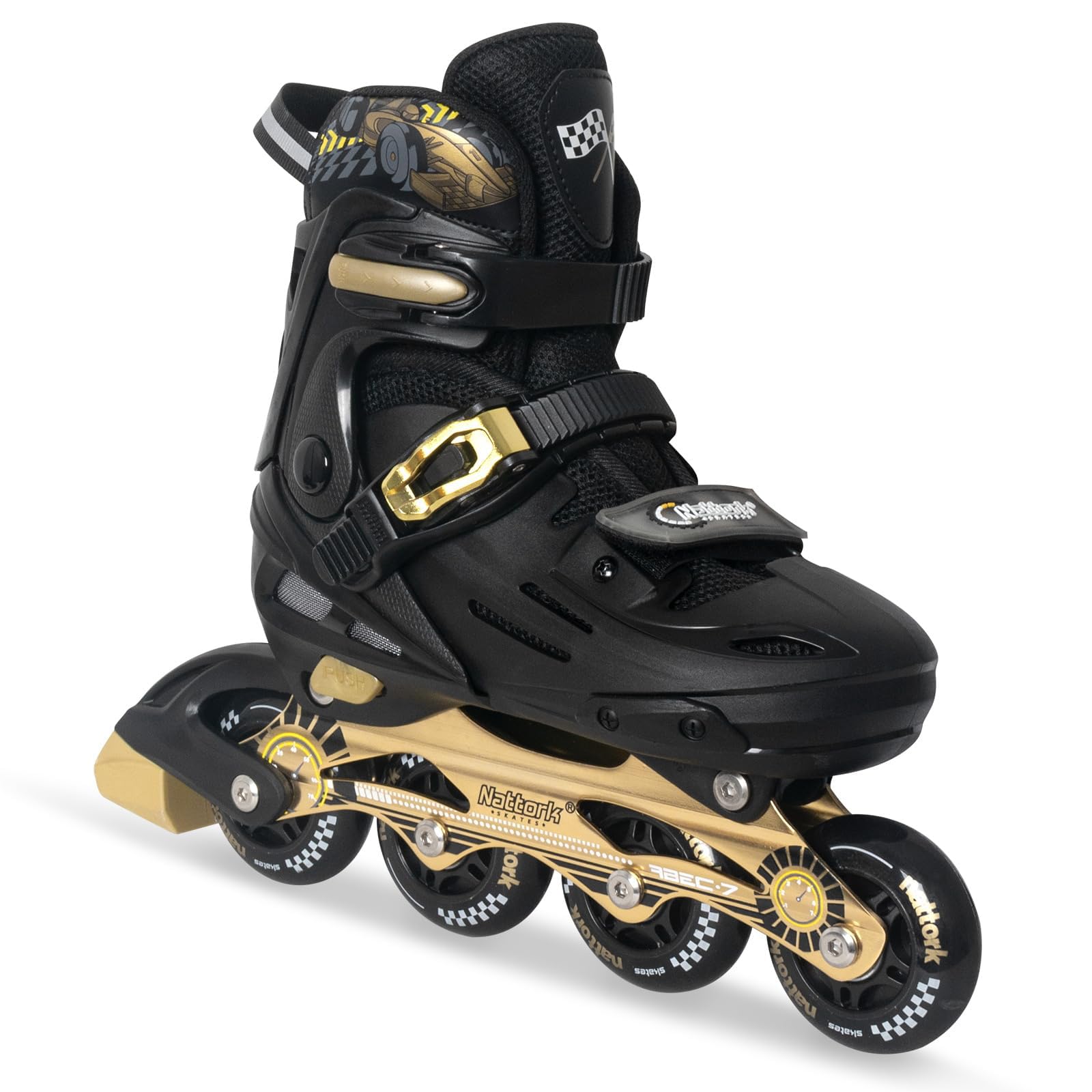nattork front view golden racing car skates showing design and fit benefits