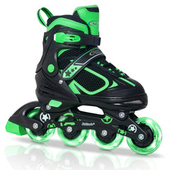 Nattork front view of green skates showing secure straps and fit benefit