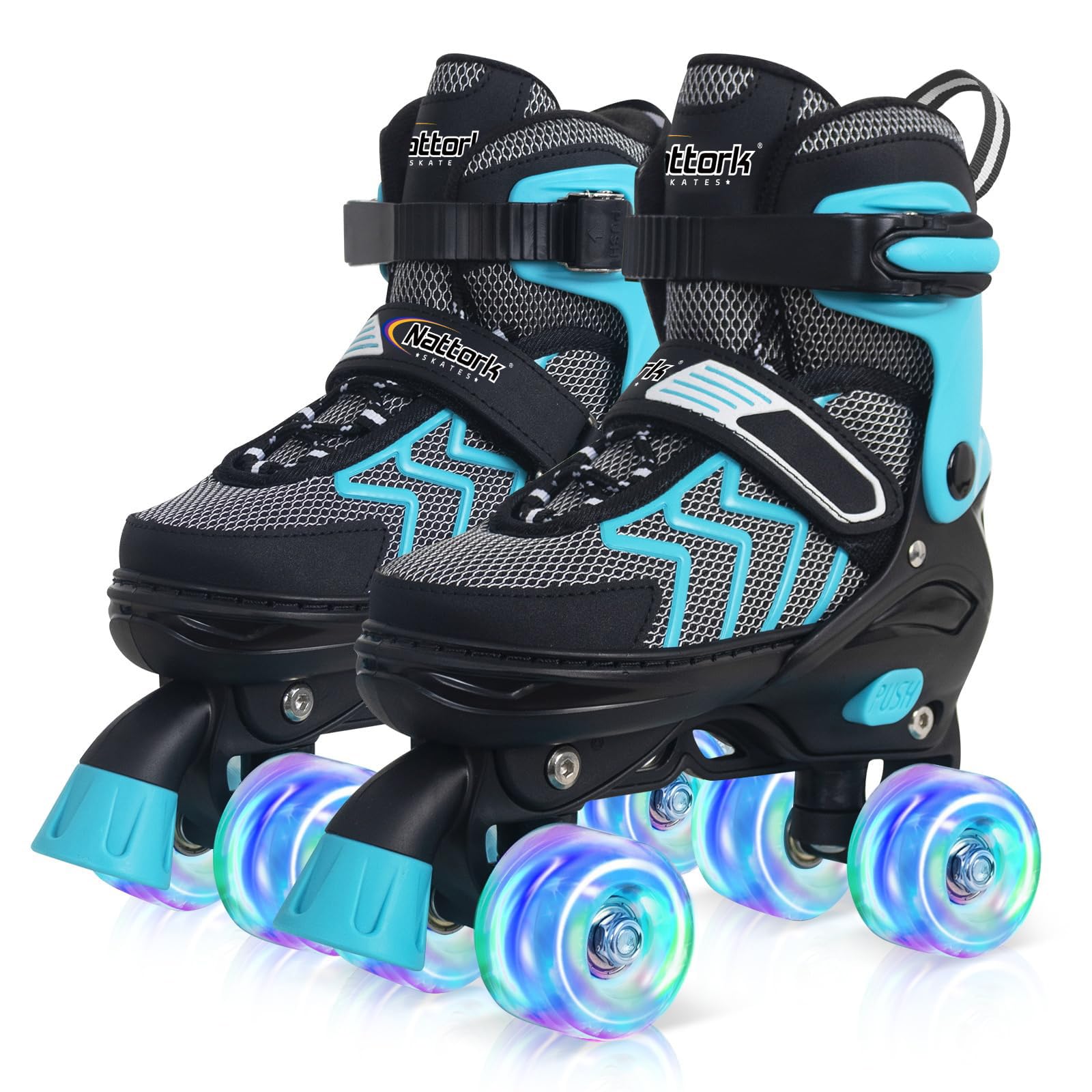 Nattork front view of teal skates showing full design and easy fit benefit