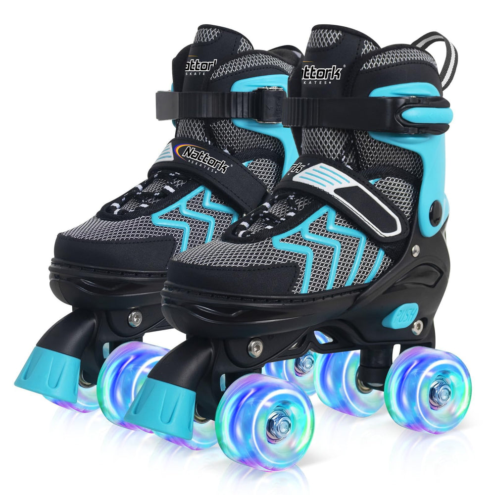 Nattork front view of teal skates showing full design and easy fit benefit
