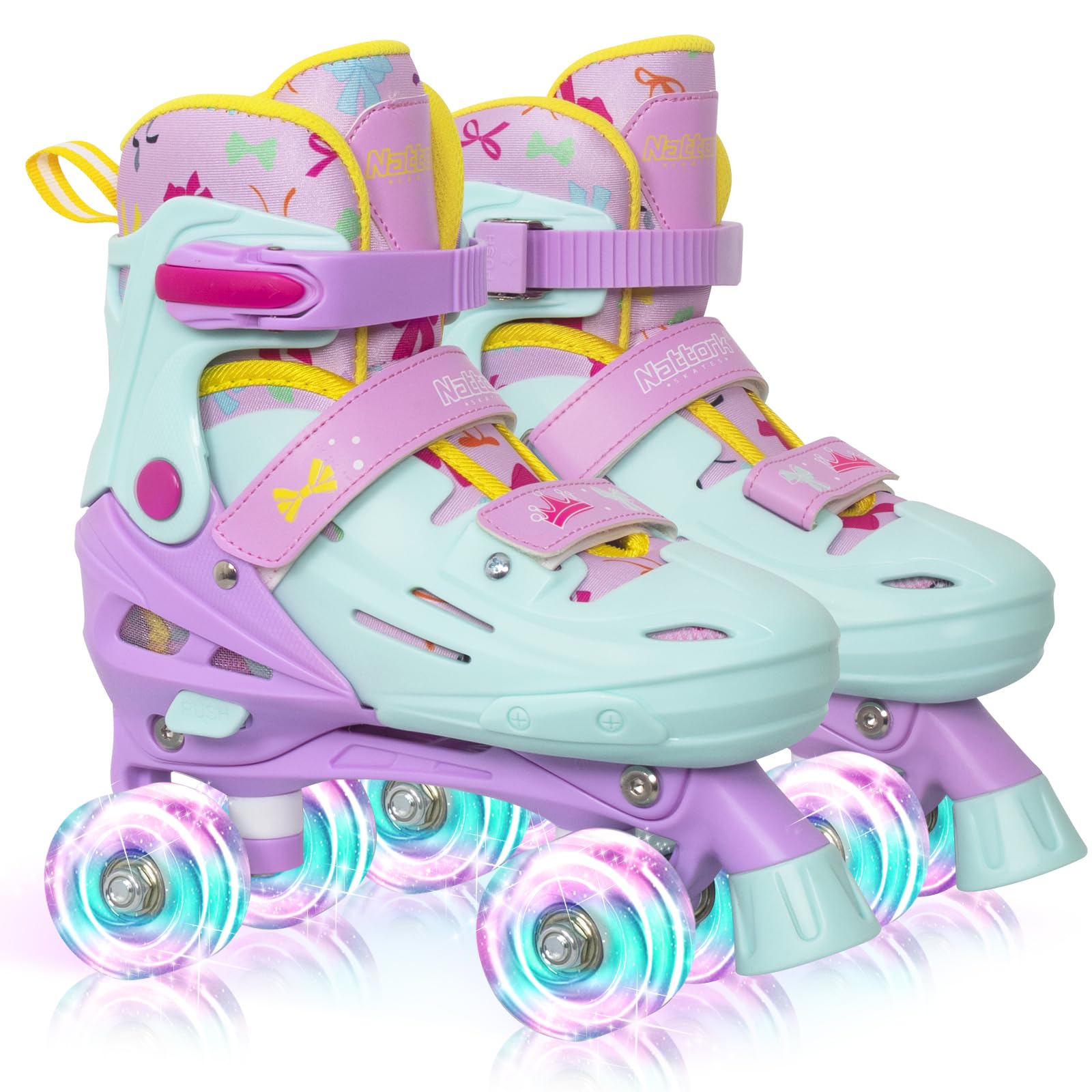 Nattork front view princess teal skates showing cute print and fit for easy gifting