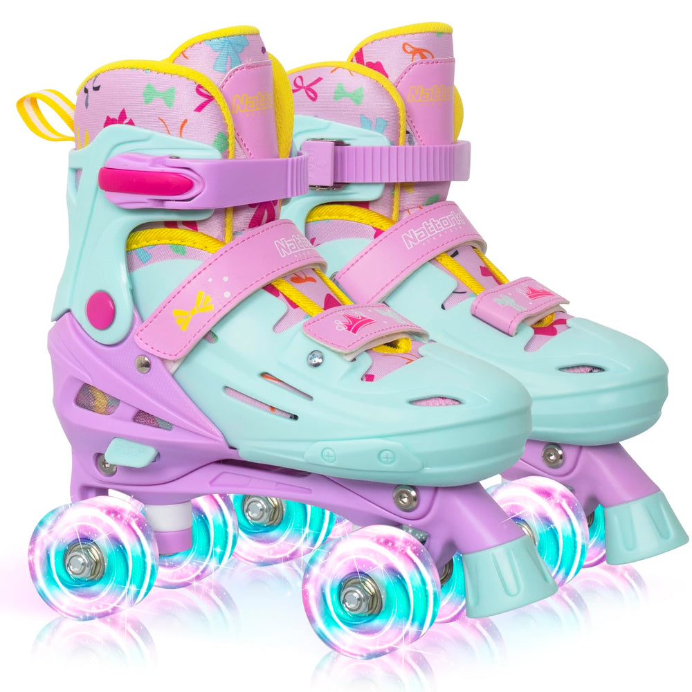 Nattork front view princess teal skates showing cute print and fit for easy gifting