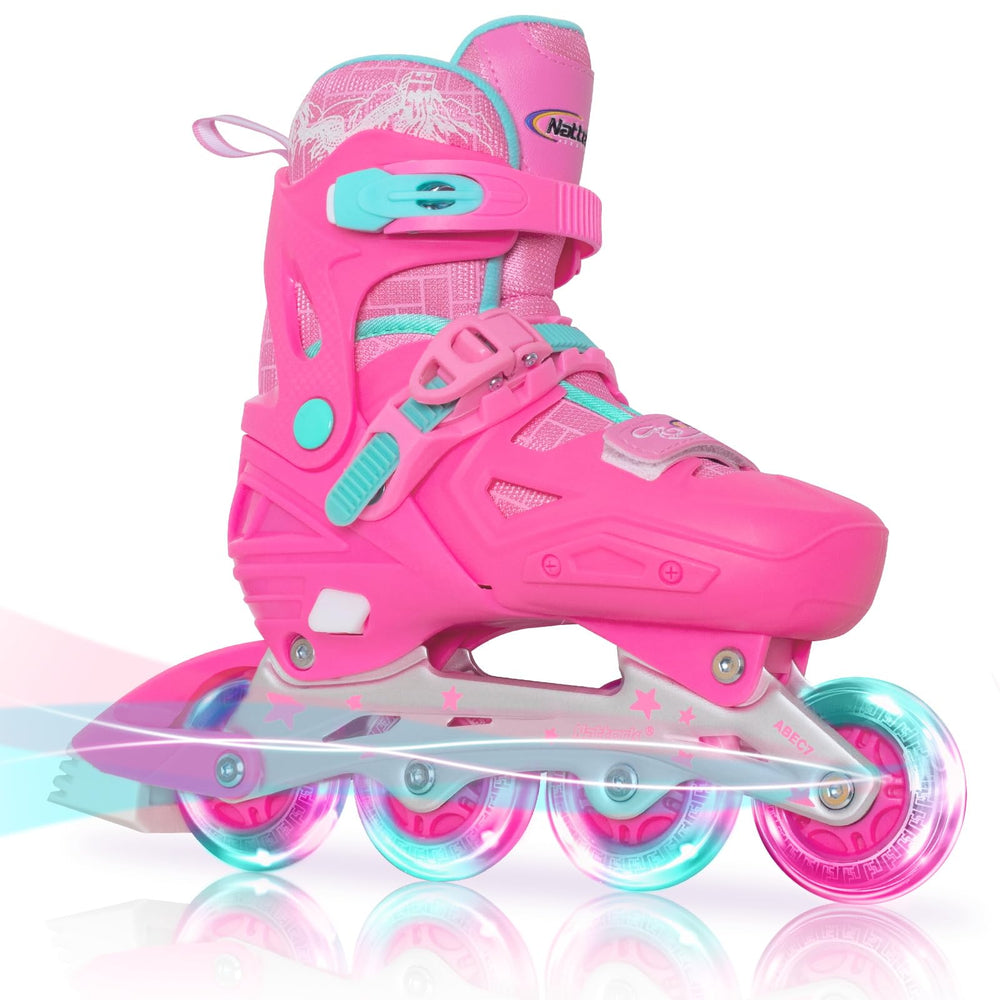 Nattork teal skates front view showing lights and fit benefit visibility