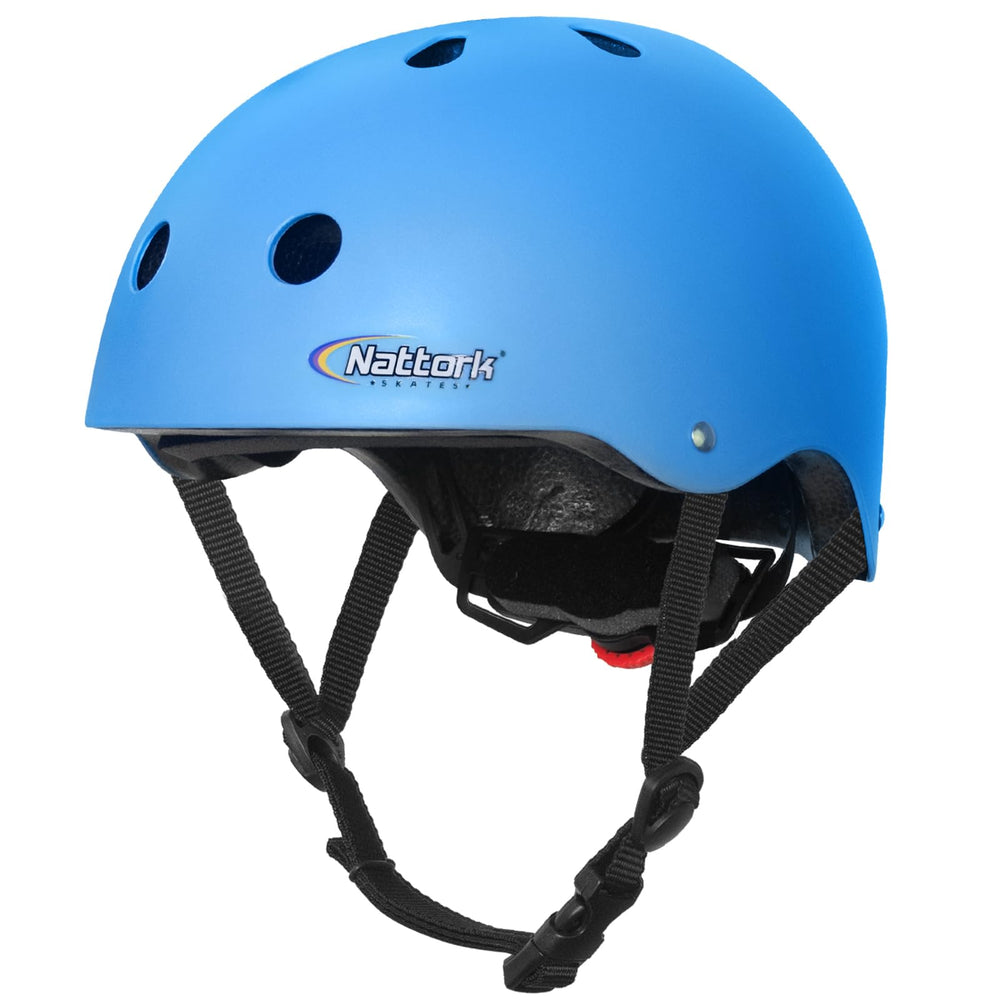 Nattork helmet front view in blue showing full face protection and secure chin strap benefit