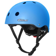 Nattork helmet front view in blue showing full face protection and secure chin strap benefit