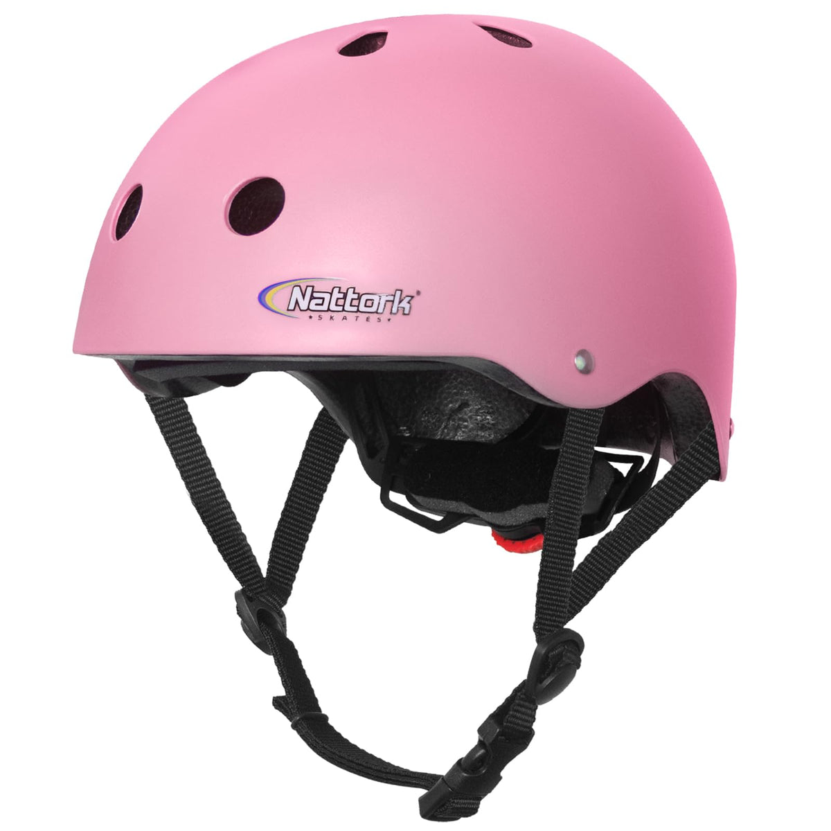 Nattork helmet front view showing pink shell and secure strap for reliable protection